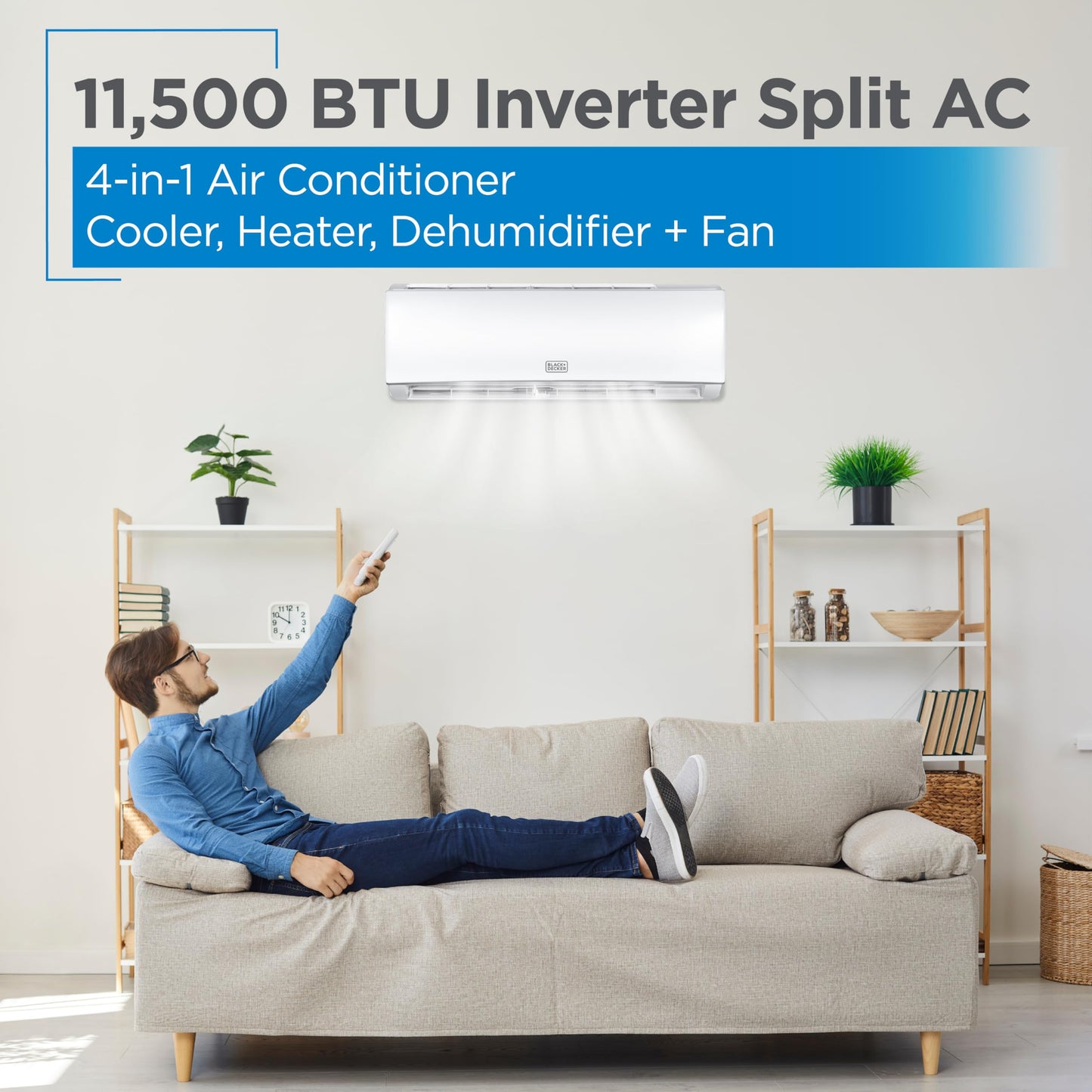 BLACK+DECKER 11,500 BTU Smart Mini Split Air Conditioner with Heat, Inverter Compressor, Wi-Fi, Voice Control, 17 SEER2, 4-in-1 AC Unit, App Available, Remote, 115V, BSA1115TC, White