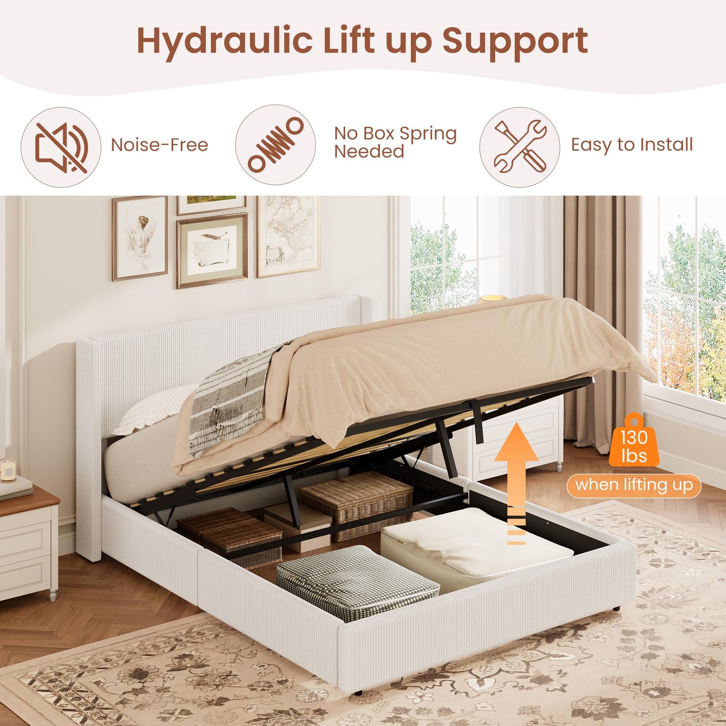 Garvee Queen Lift Up Storage Bed Frame, Corduroy Upholstered Platform Bed with Gas Lift, Padded Headboard, Wooden Slat Support, No Box Spring Needed, Easy Assembly, White