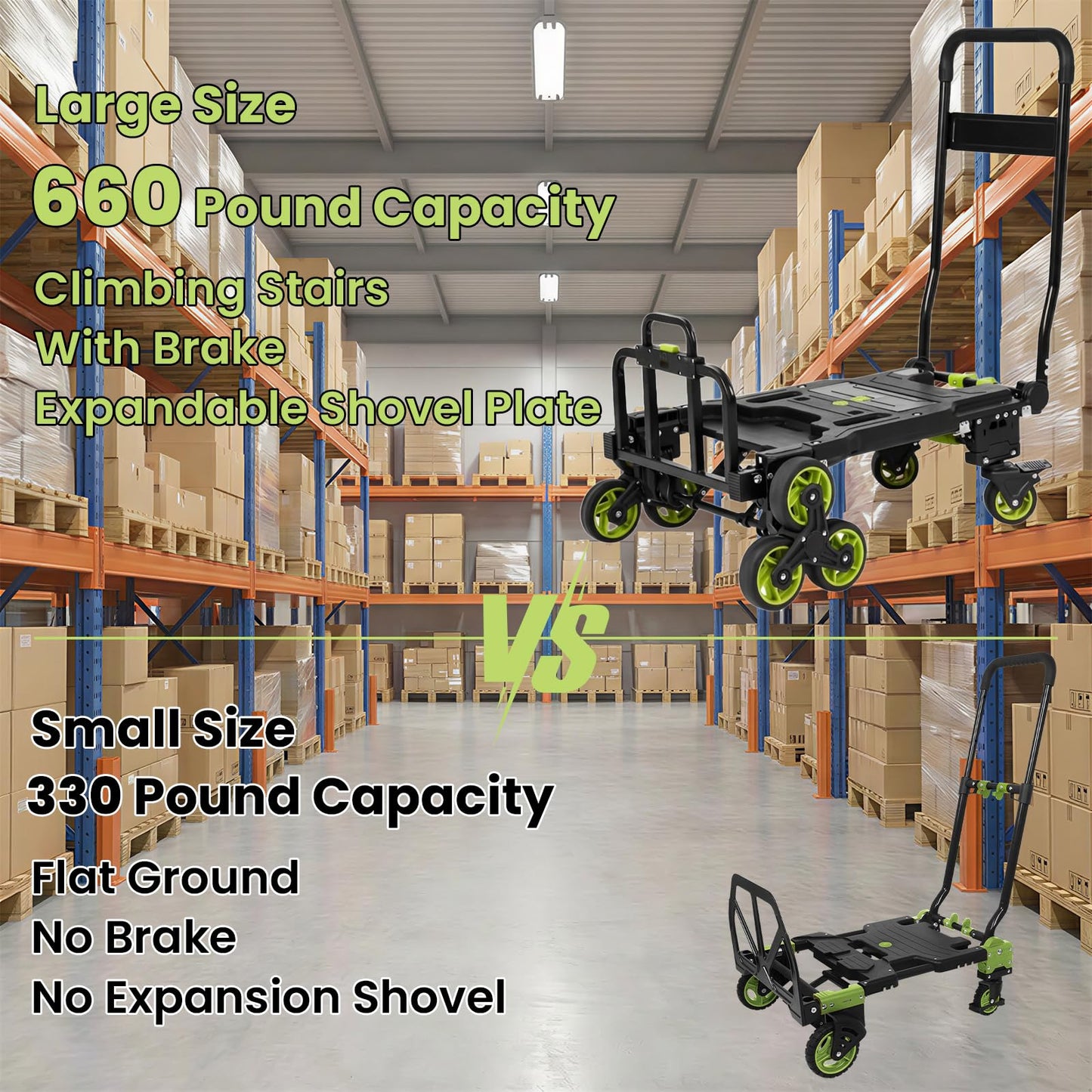 Upgraded 3 in 1 Convertible Folding Hand Truck with Brakes, Hand Truck Dolly Heavy Duty 660lbs Capacity, Stair Climbing Cart with Adjustable Shovel Board and Fixed Handle for Moving