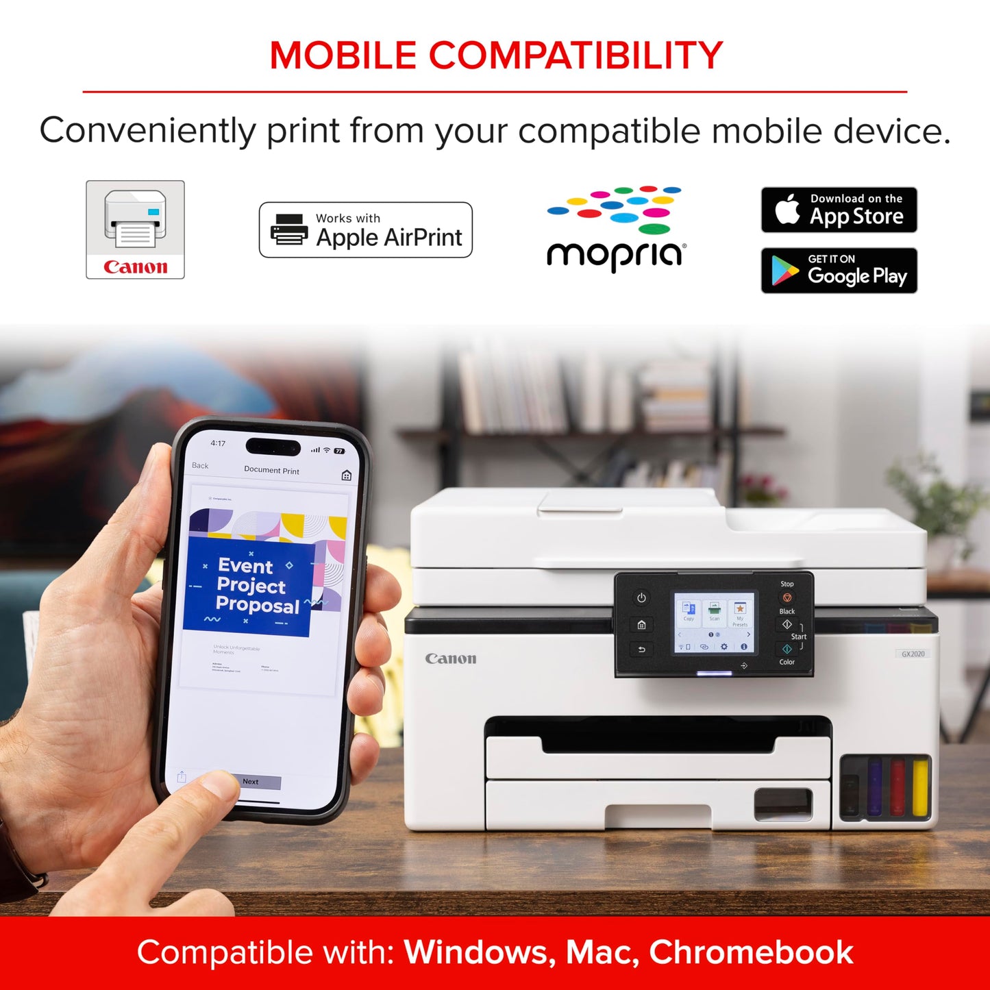 Canon MegaTank MAXIFY GX2020 All-in-One Wireless Color Printer – Print, Copy, Scan with Duplex Printing – Refillable Tank System, Compact Desktop Design – Wireless Print Scan Copy for Home & Office