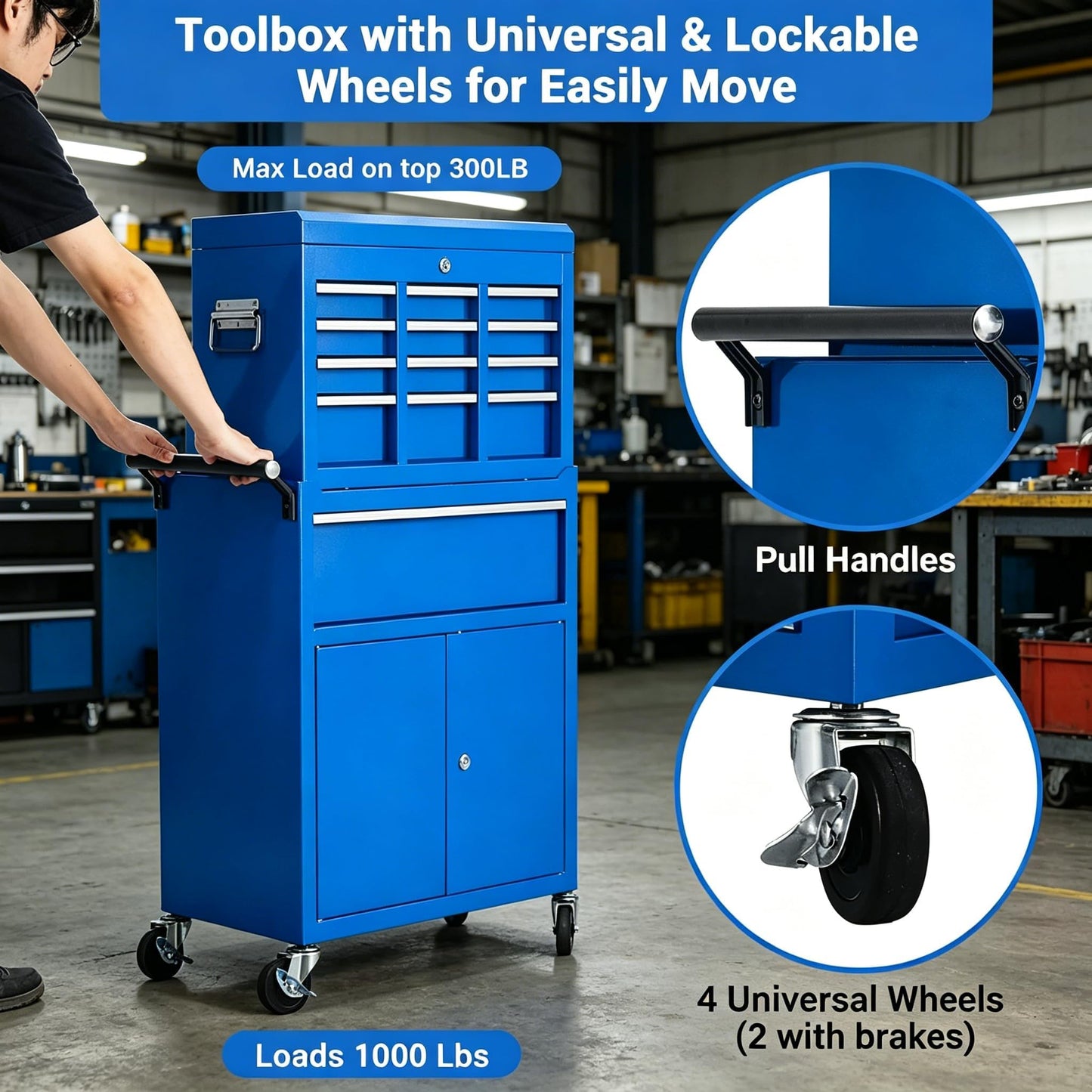 SierraSquad Heavy Duty 5-Drawer Rolling Tool Chest, 2-in-1 Detachable Top Tool Box, Locking Steel Storage Cabinet Cart on Wheels, Blue