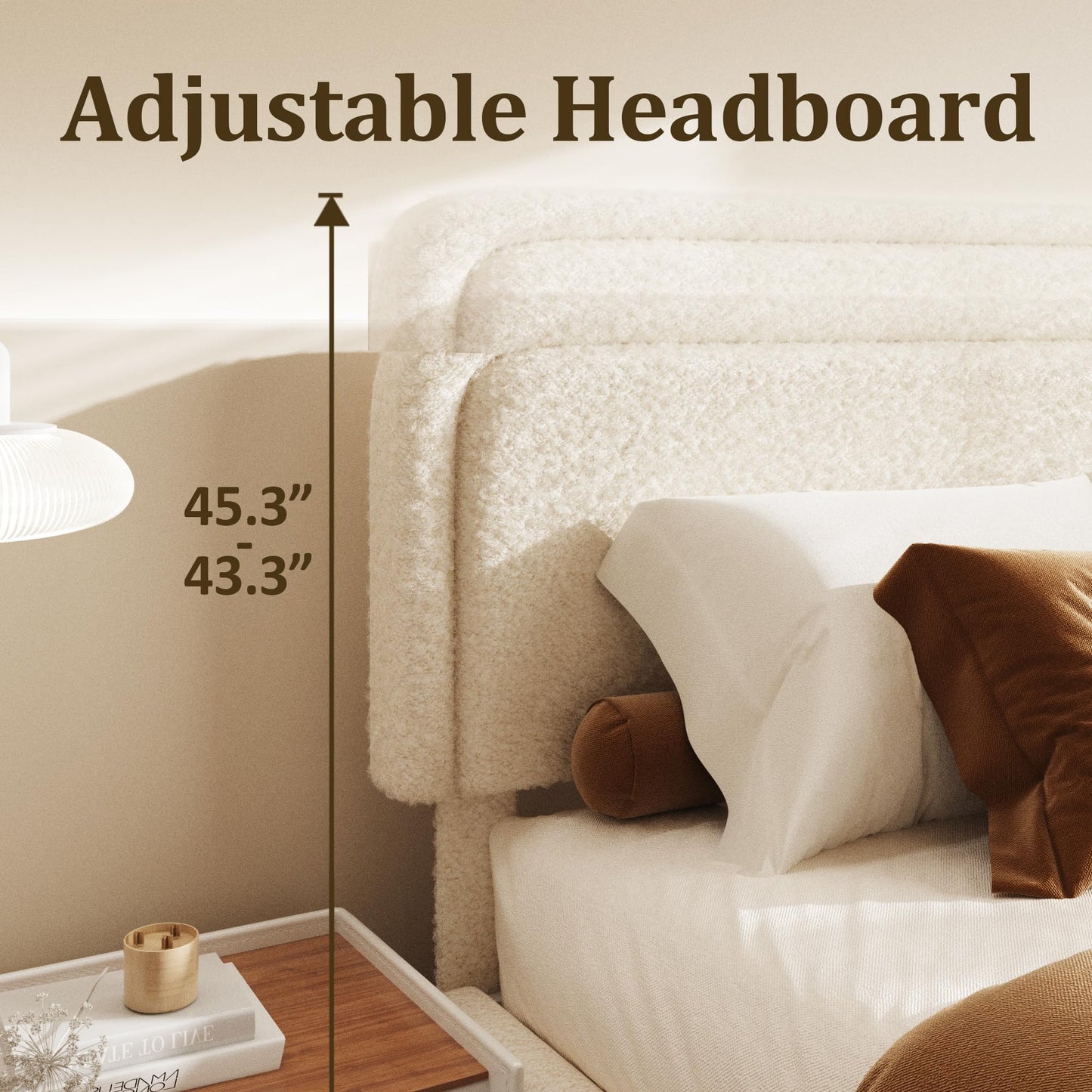 Sismplly Full Size Cloud Bed Frame with Adjustable Padded Headboard (43.3"-45.3"), Boucle Fabric, Upholstered Platform Bed, Modern Soft Bed Base, No Box Spring Needed, Easy Assembly, Beige