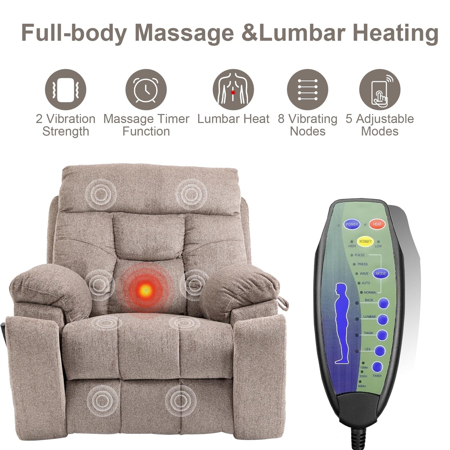 RHHVVR Oversized Lift Recliner Chair for Elderly, 26" Extra Wide Seat Power Lift Recliners with Heat and Massage, Dual Motor Electric Lay Flat Living Room Sofa with Lumbar Pillow, Light Brown