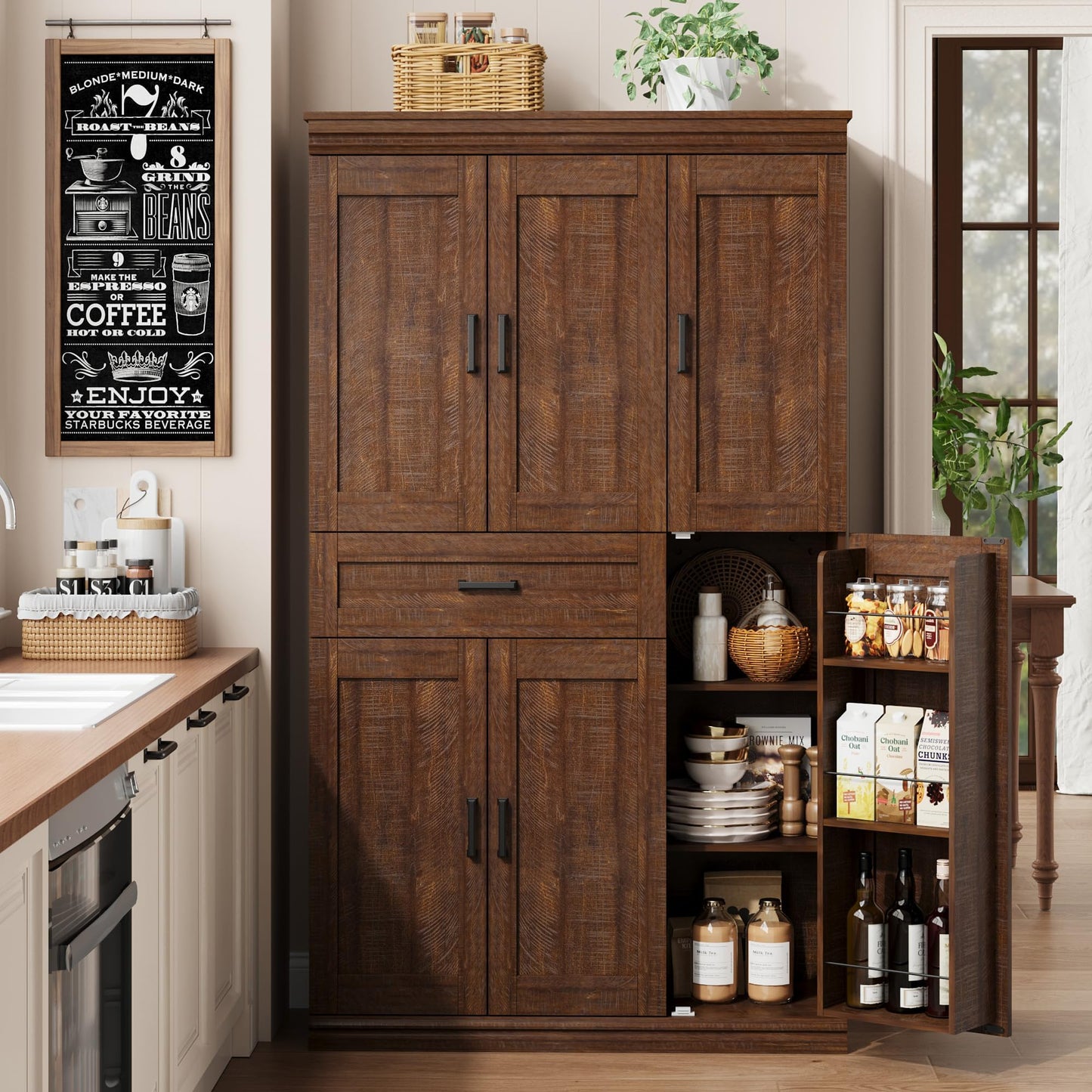 Garvee 70" Tall Kitchen Pantry Storage Cabinet, Modern Kitchen Hutch Cabinet with Doors and Shelves, Freestanding Food Pantry with Large Storage Drawer for Dining Room and Household Organization