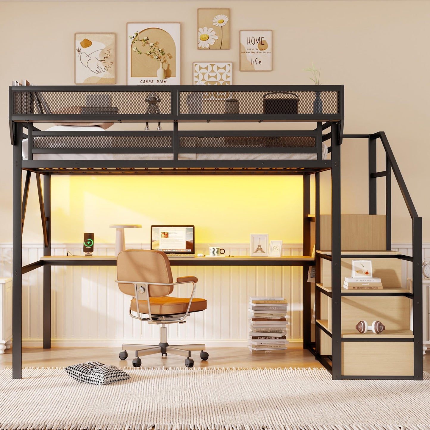 KEIKI Queen Size Metal Loft Bed Frame with Desk, Staircase, Built-in Storage Shelves and Wardrobe, Modern Loft Bed with Solid Slat, Guardrail, No Box Spring Required, Easy Assembly, for Bedroom, Black