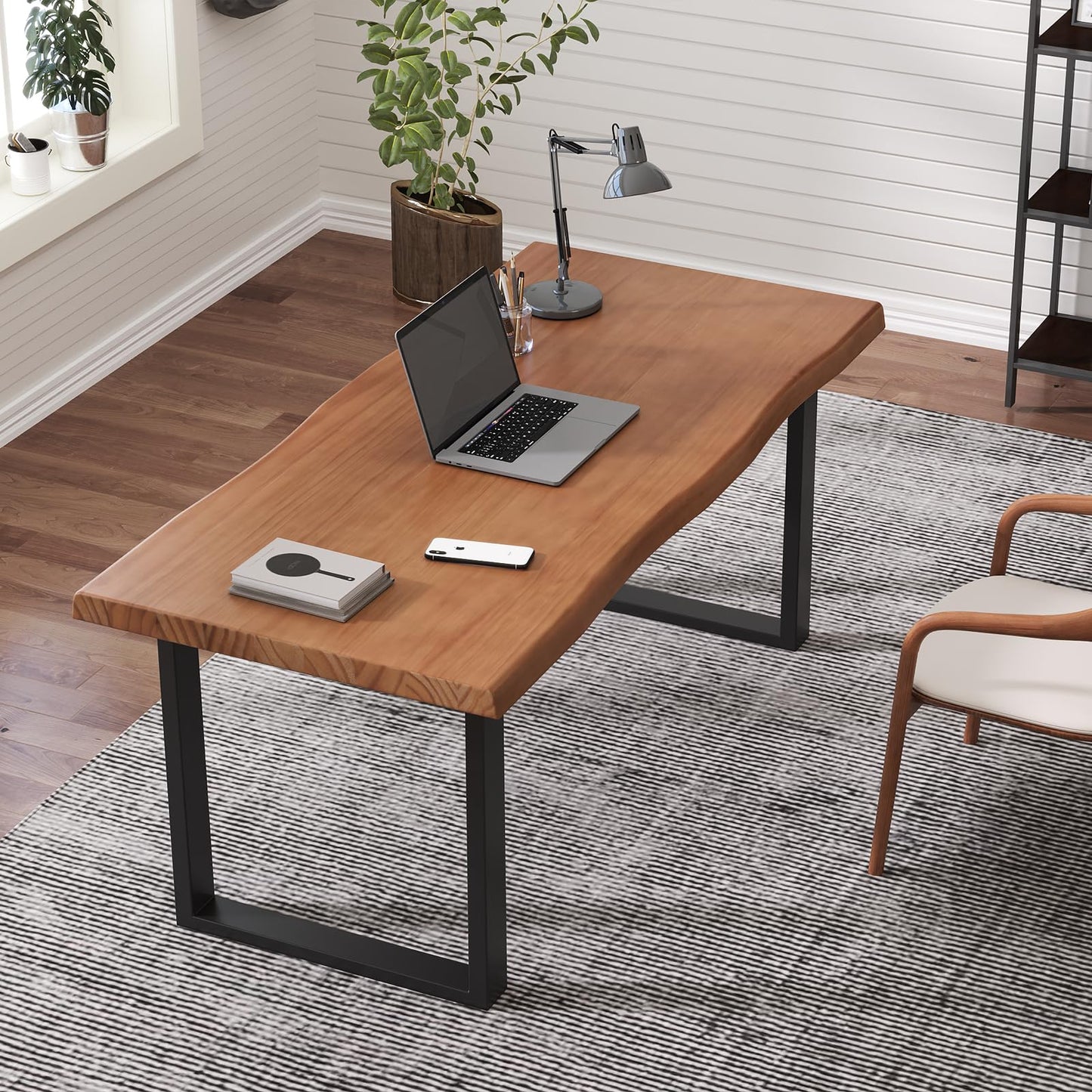 KunAndPeng Solid Wood Office Desk, 47.24" Tan Executive Computer Desk with Heavy-Duty Metal Base, Multi-Purpose Desk/Dining Table, Ideal for Home Office & Work Environments