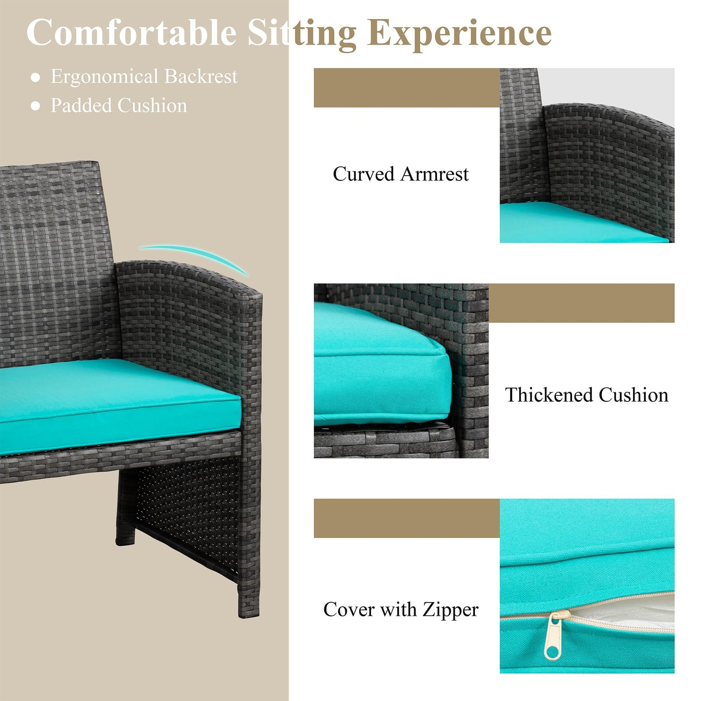 JAMFLY 4 Piece Outdoor Patio Furniture Set, Outdoor Wicker Rattan Chairs Conversation Sets with Cushions & Coffee Table for Outside, Garden, Balcony, Porch, Blue