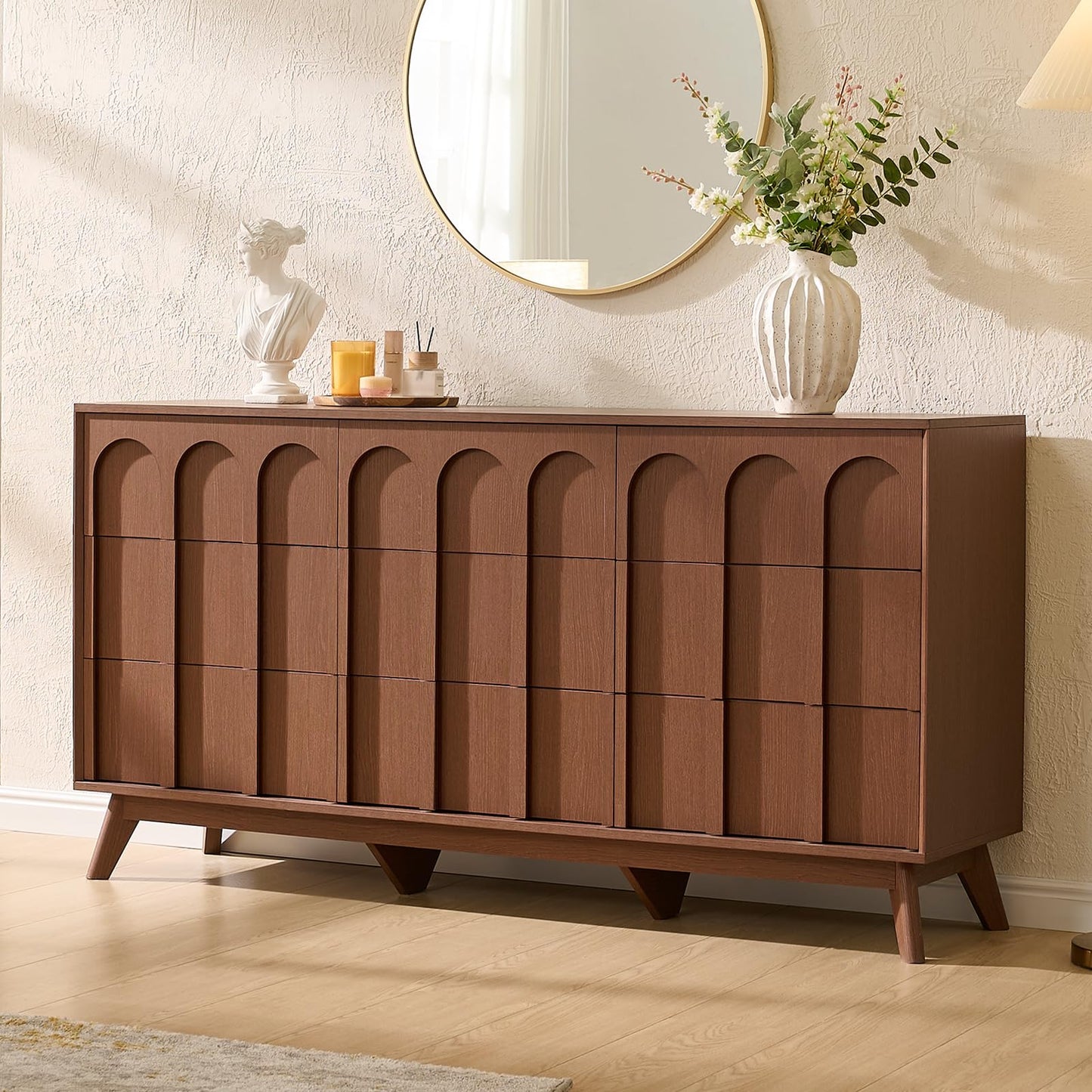 Oak&Sparrow Mid Century Modern Dresser for Bedroom, Walnut 9 Drawer Dresser with Arched Front, 63'' Wide Chest of Drawers Wood Storage Organizer for Living Room