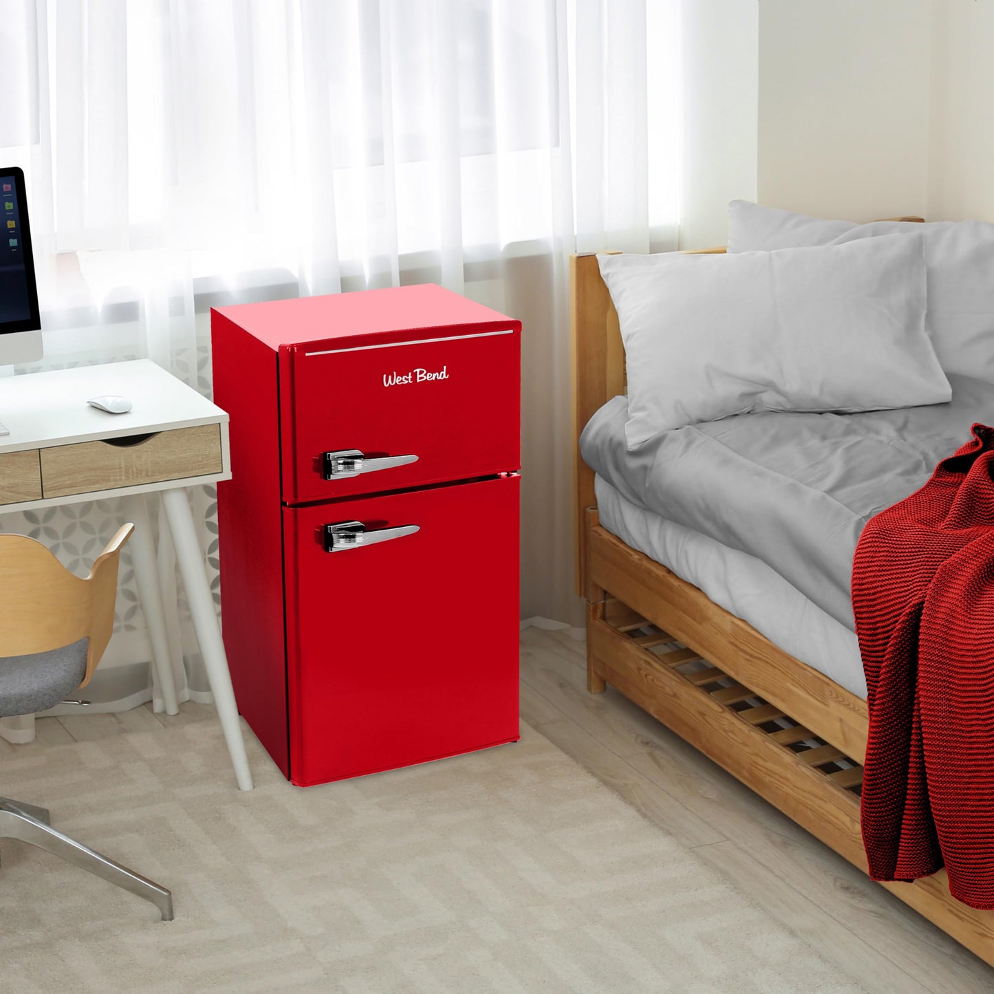 West Bend Mini Fridge with Freezer Retro-Styled for Home Office or Dorm, Features Dual Doors Removable Glass Shelves Manual Defrost and Mechanical Adjustable Temperature Control, 3.1-Cu.Ft, Red