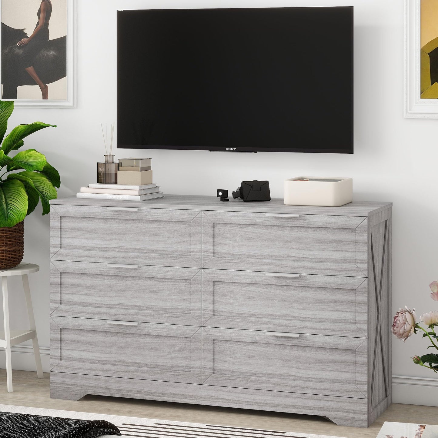 FTZxHKLX Modern 6-Drawer Dresser for Bedroom, Dresser Chest of Drawer with Large Drawers & Silver Handles, Wooden Dressers Drawers Storage Unit for Bedroom, Living Room, Closet (Wash Grey)