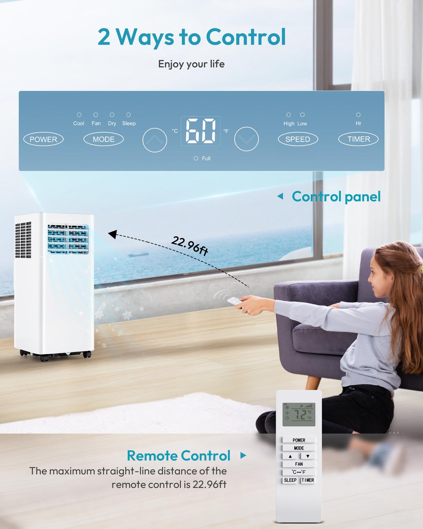 EUHOMY Portable Air Conditioners 10,000 BTU, 4-in-1 Air Conditioner Portable Up to 450 Sq.Ft. with Cool, Fan, Dehumidifier, Sleep, Portable AC Unit with LED Remote & 24H Timer, Installation Kits