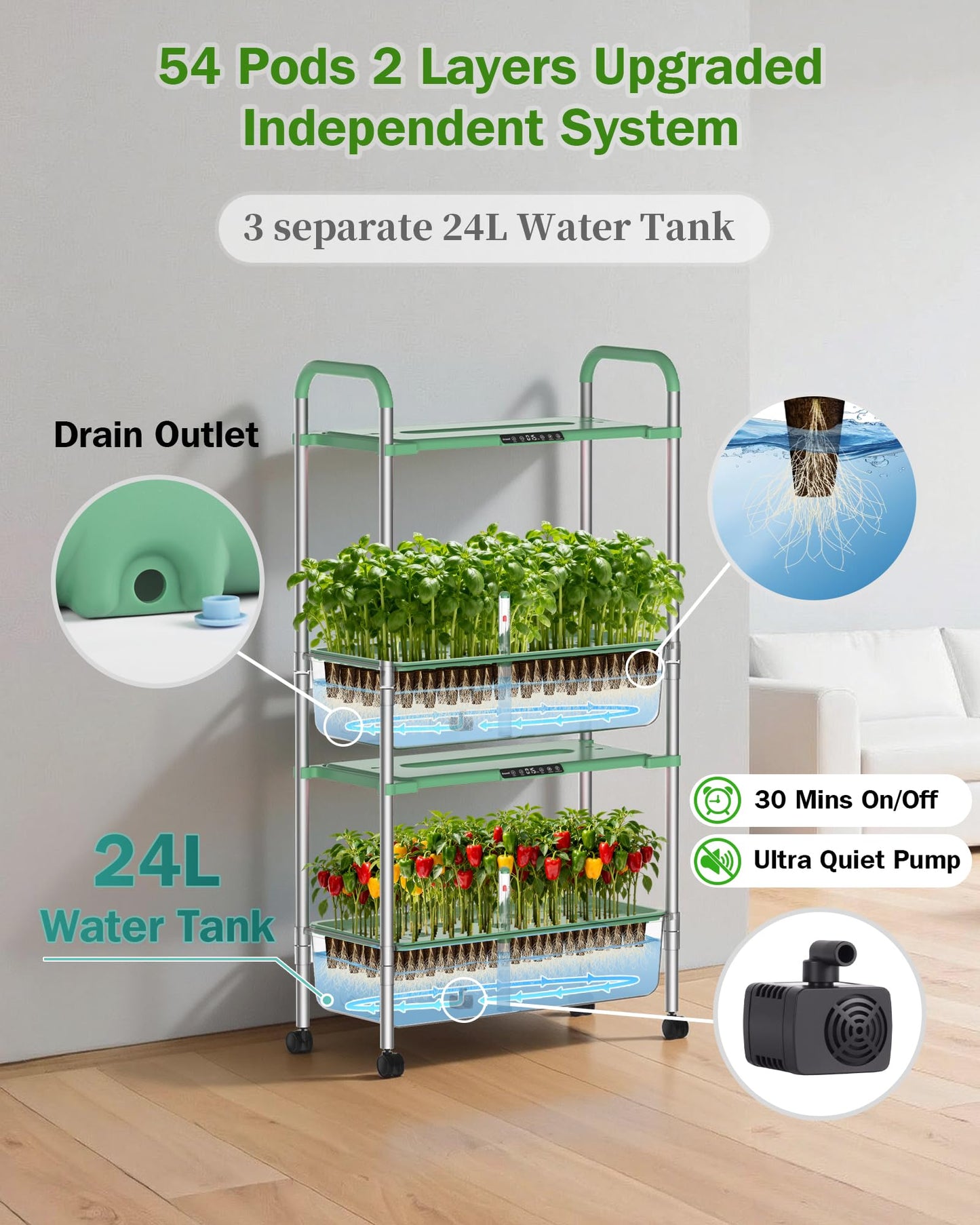 Growell Large Hydroponics Growing System Kit, 54 Pods Vertical Indoor Herb Garden Kit with LED Grow Light & Independent Water Pump, 28L Movable Indoor Planter Perfect Gardening Gifts (2 Tier-Green)