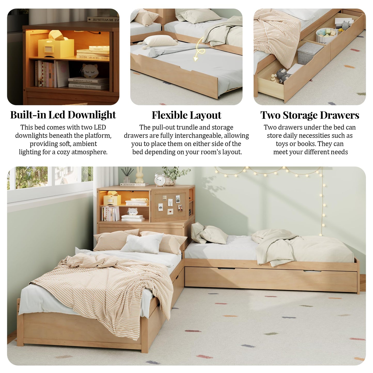 Merax L-Shaped Combination Twin Corner Platform Bed Frame with Trundle,Drawer,Built-in Desk and Led Downlight,3-in-1 Design for Bedroom