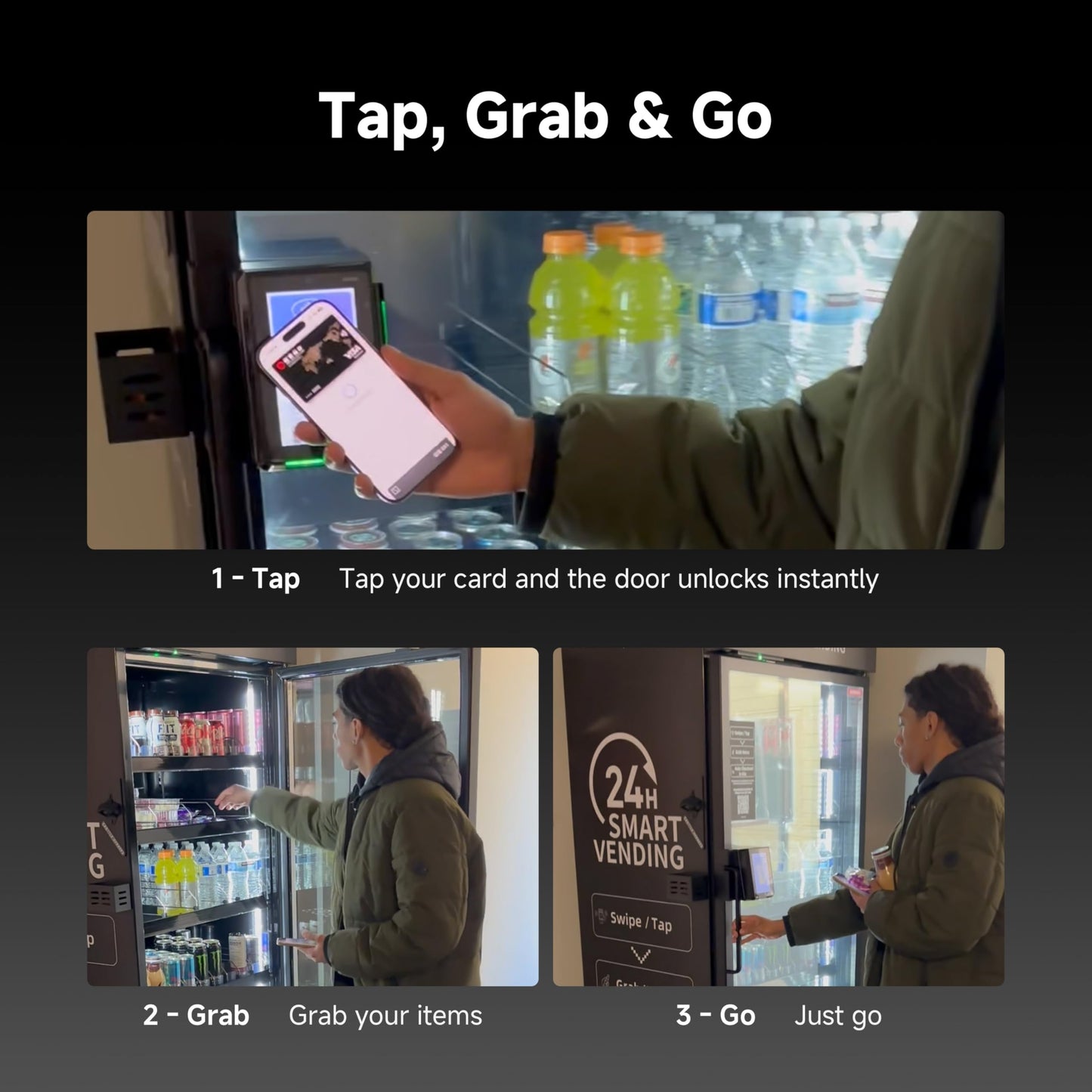 AI Vending Machine with Self-Checkout - DC360 Combo Refrigerated Vending for Fresh Food, Snacks & Cold Beverages - Real Time Inventory - Ideal for Office, School, Hospital, Gym (Black)