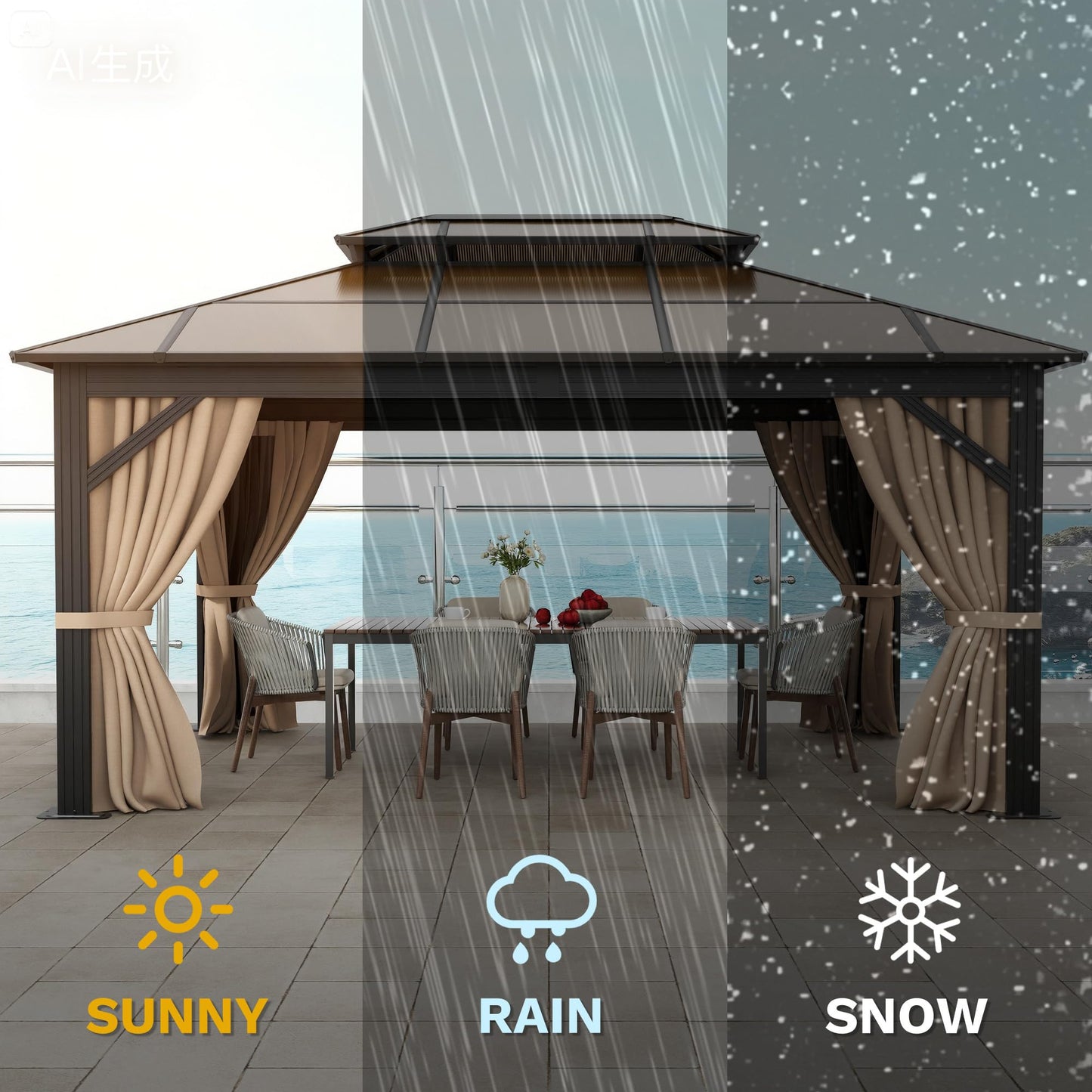 DWVO 10x12ft Hardtop Gazebo Double Roof Polycarbonate Canopy Outdoor with Netting and Shaded Curtains, Metal Frame Garden Tent for Patio, Backyard, Deck and Lawns, Brown