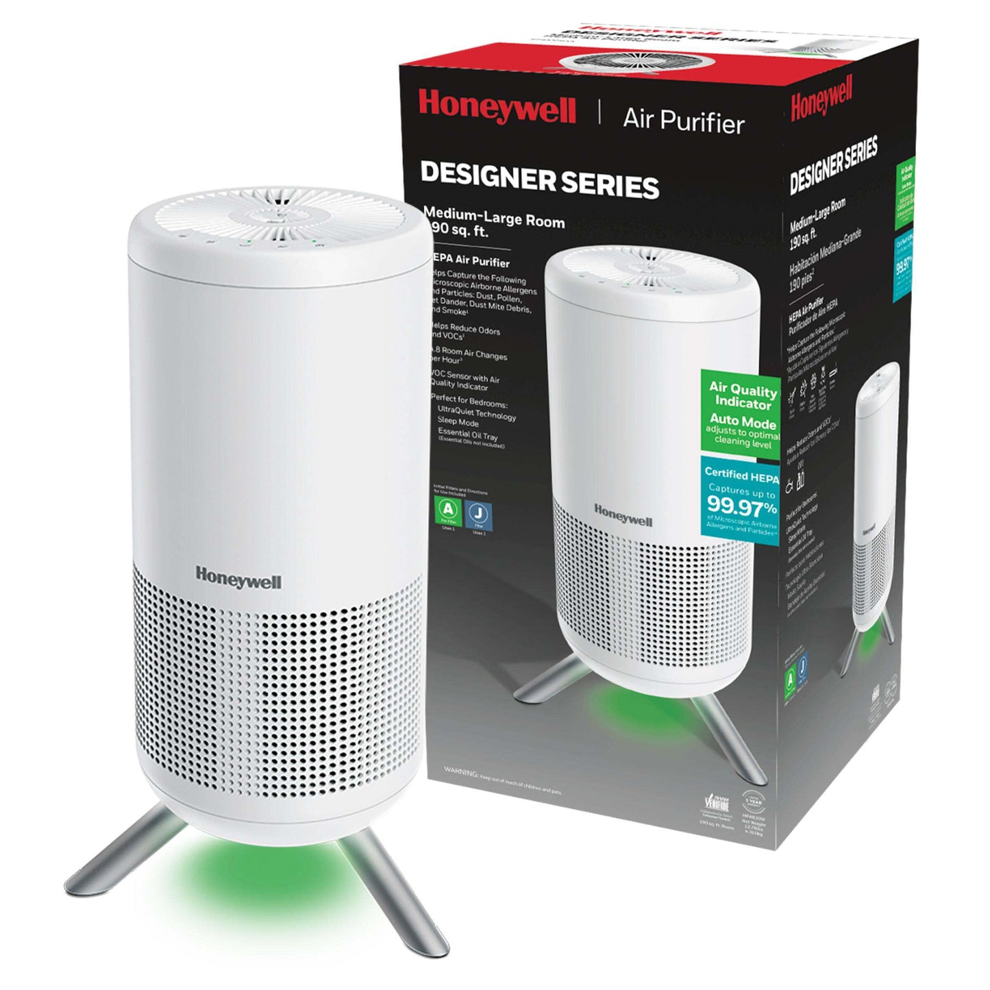 Honeywell HEPA Air Purifier for Home, 900 Ft² Rooms in 1 Hour, Designer Series, Auto Mode, UltraQuiet Tech, HEPA Filter Reduces Dust, Pollen, Pet Dander, Smoke, Odors, White, HPA830W