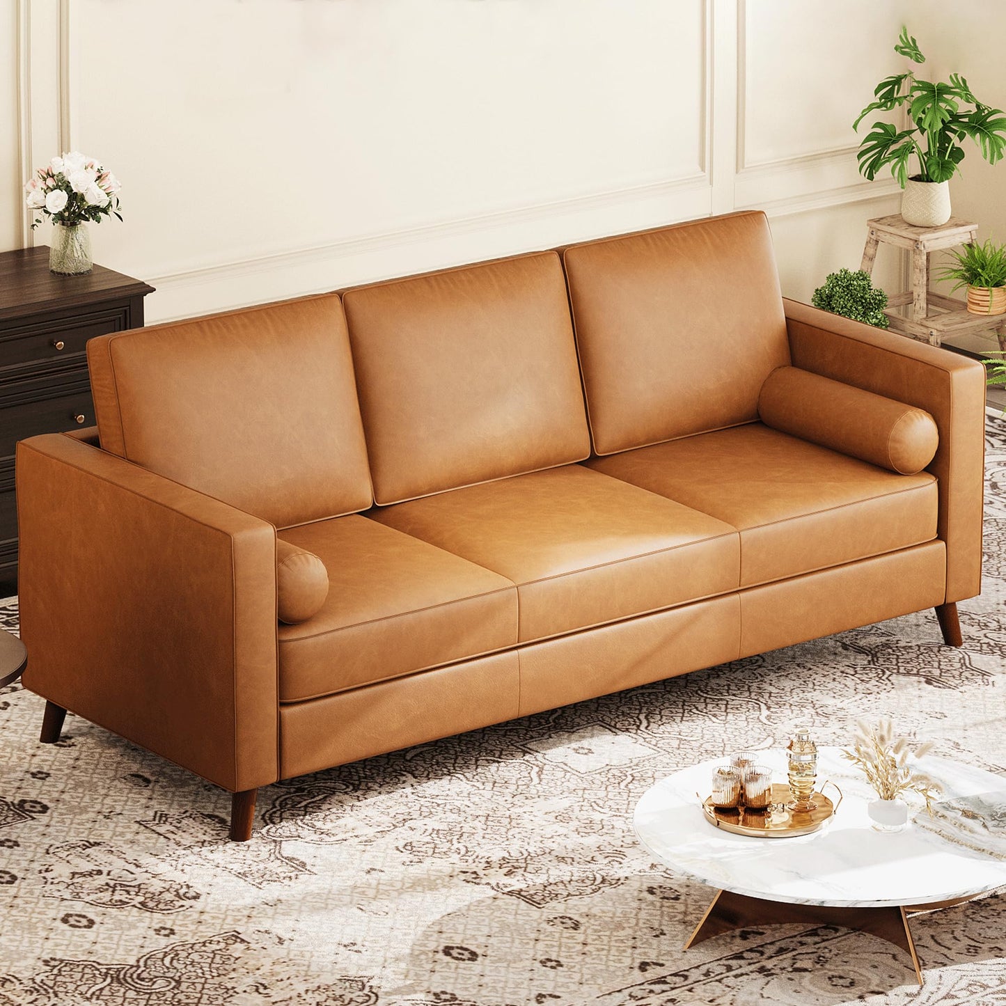 GarveeHome 86" Modern Leather Sofa for Living Room, Mid-Century Couch with Deep Seats, Brown Faux Leather Couch, 3 Seat Sofa with Removable Cover for Apartment, Office, Cognac Tan