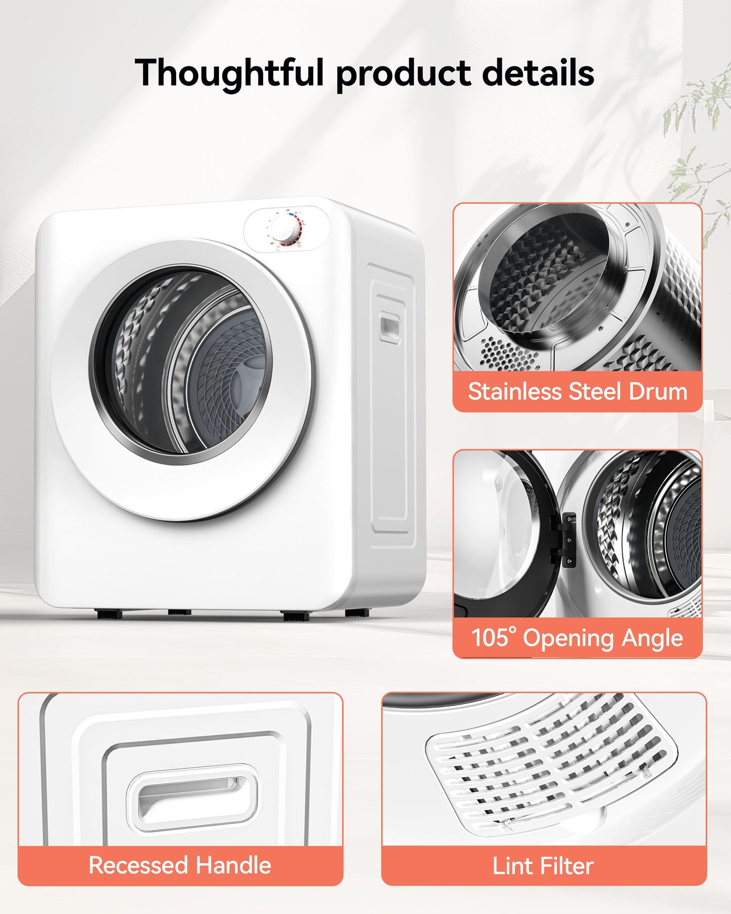 Euhomy Portable Clothes Dryer, 1.5 Cu.Ft. Portable Dryer, 850W Drying Machine with Front-Loading Stainless Steel Drum, 5 Functions, Suitable for Apartments, Dorms, RVs, Small Spaces