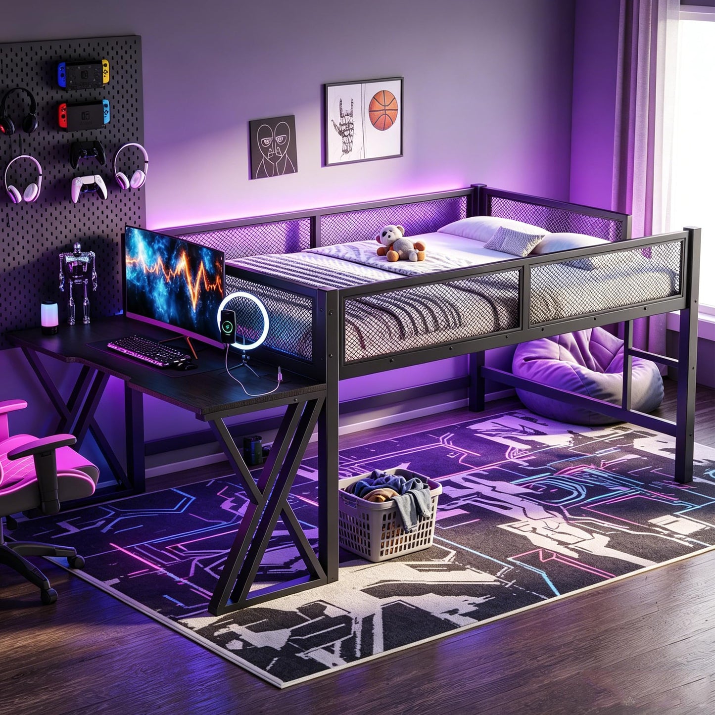 Bellemave Metal Full Low Loft Bed with Desk, LED Lights & Charging Station, Gaming Loft Bed Frame for Boys, Girls & Teens, Space-Saving Kids Full Loft Bed, Black