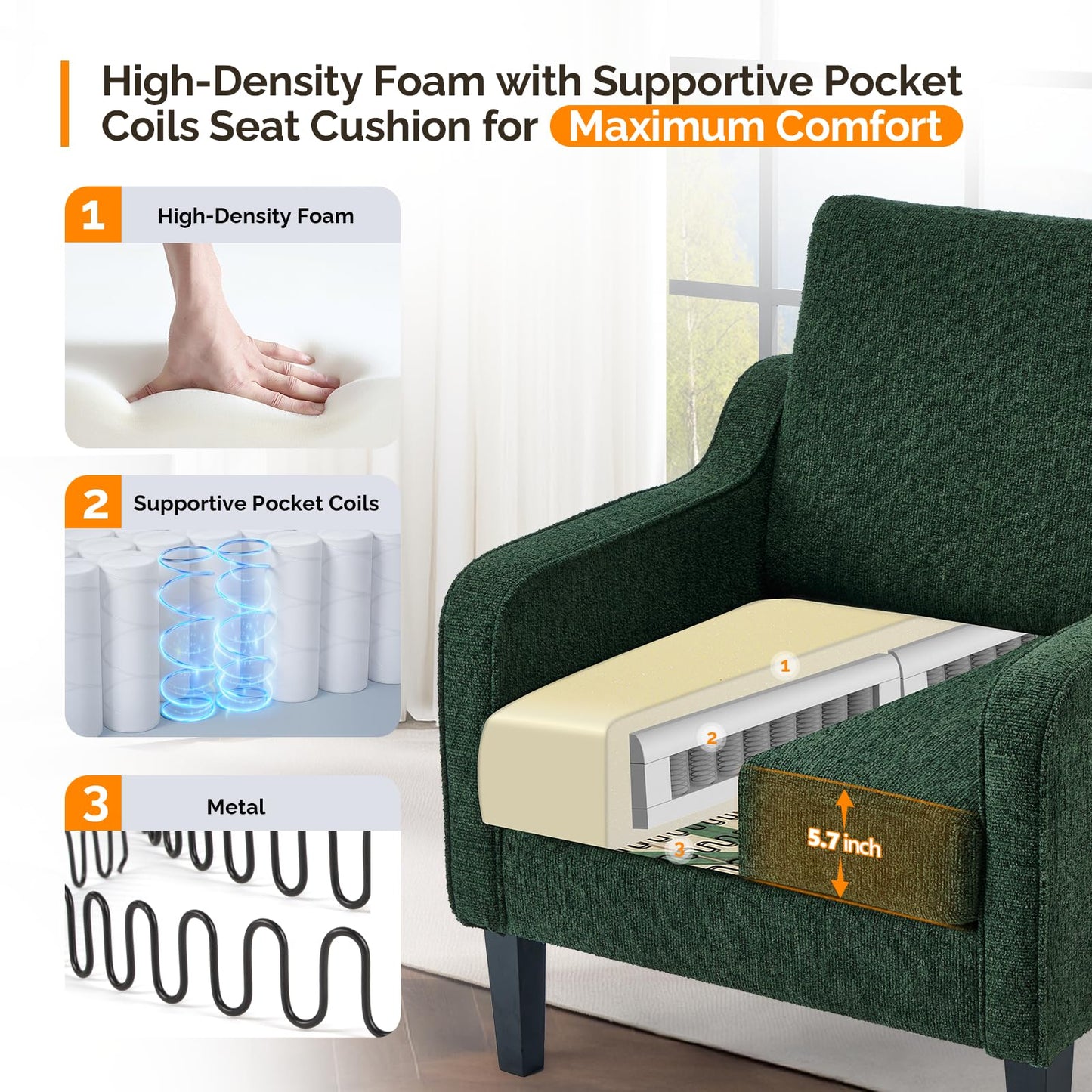 VINGLI Accent Chair for Living Room Chairs Reading Chair for Bedroom Chair Scooped Arm Chair Mid Century Modern Accent Chairs Upholstered Comfy Chair for Apartment, Waiting Room (1, Dark Green)