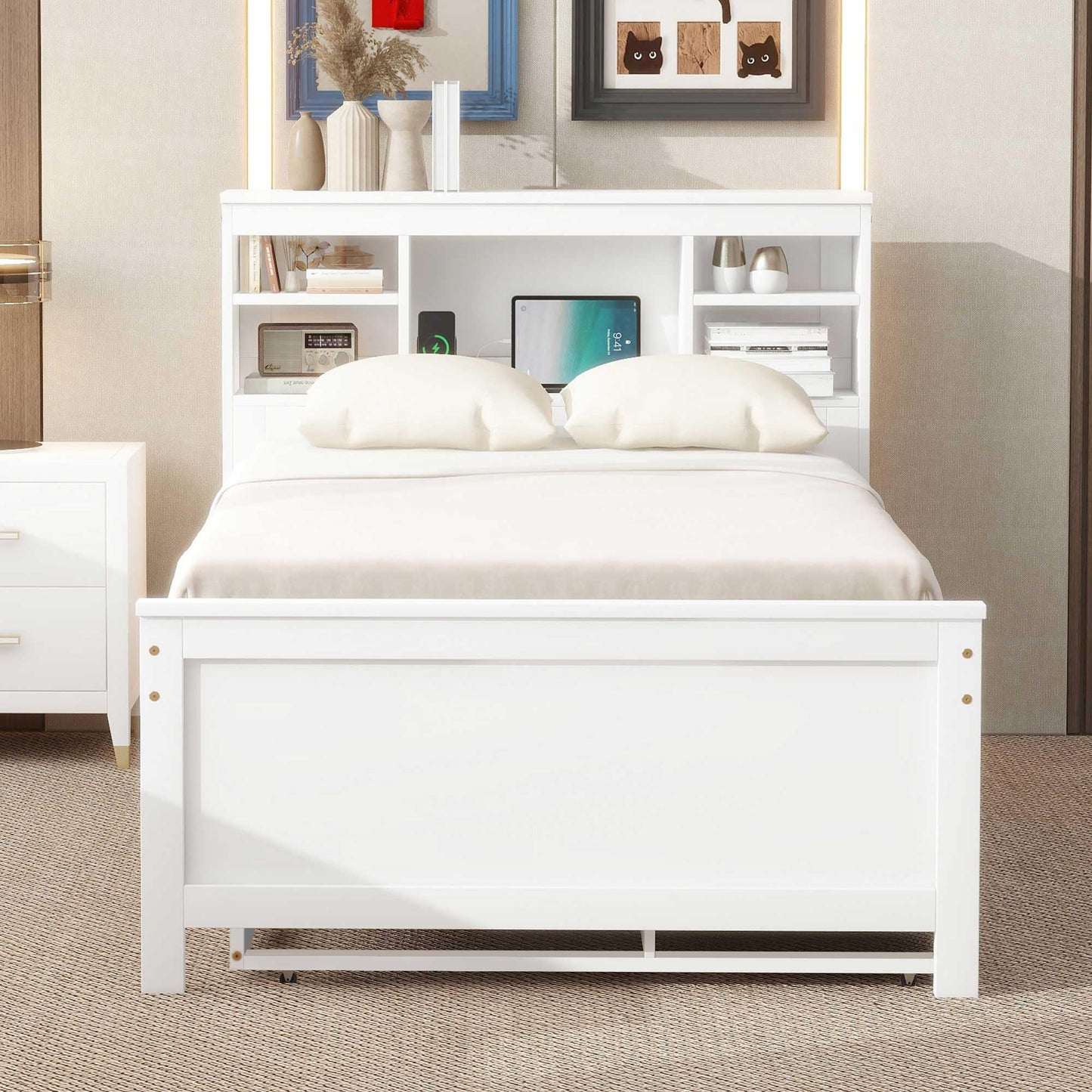 Merax Twin Size Platform Bed with Storage Headboard, USB, Wood Bedframe with Twin Size Trundle and 3 Drawers, White