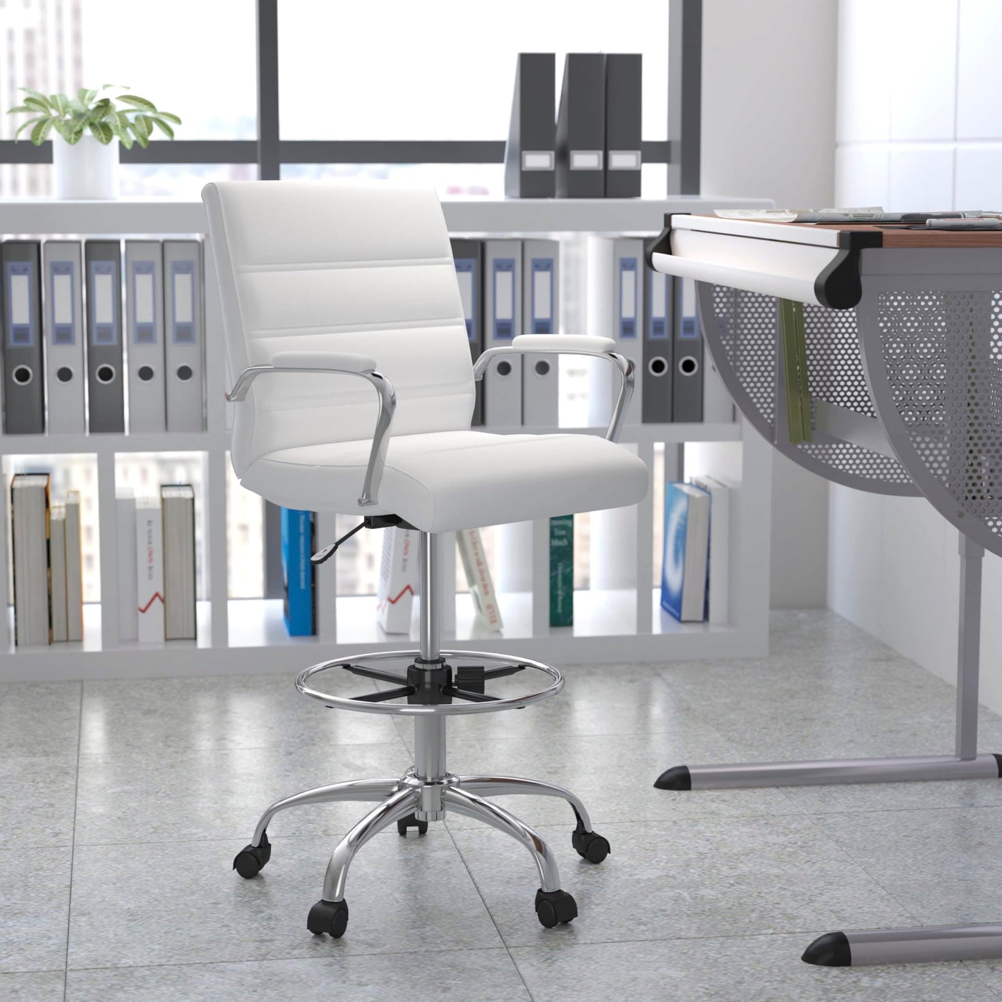 Flash Furniture Whitney Mid-Back Swivel LeatherSoft Drafting Chair with Padded Seat, Armrests, and Foot Ring, Adjustable Office Chair, White/Chrome