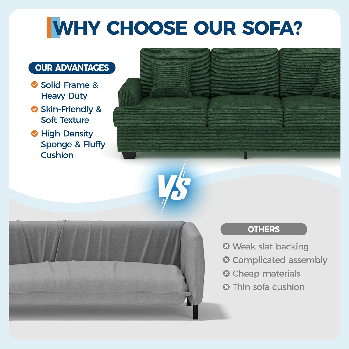Garvee Modern 86" Corduroy Sofa - Deep Seat Couch with Removable Cover & 2 Throw Pillows, Comfy Upholstered Cushion Sofa for Small Space Apartment & Lounge, Green