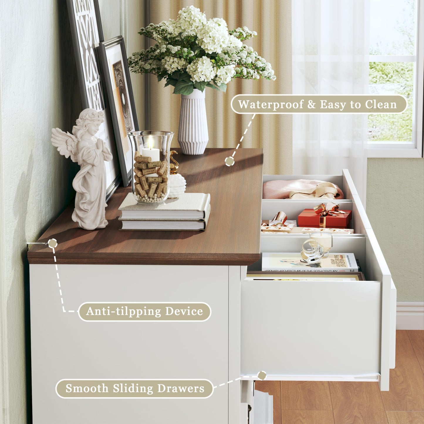 HUAHUU Farmhouse 9 Drawer Dresser for Bedroom, 60" Wide Chest of Drawers with Roman Column, Wooden TV Stand with Antique Bronze Circle Handles, Storage Organizer for Living Room, Hallway, White