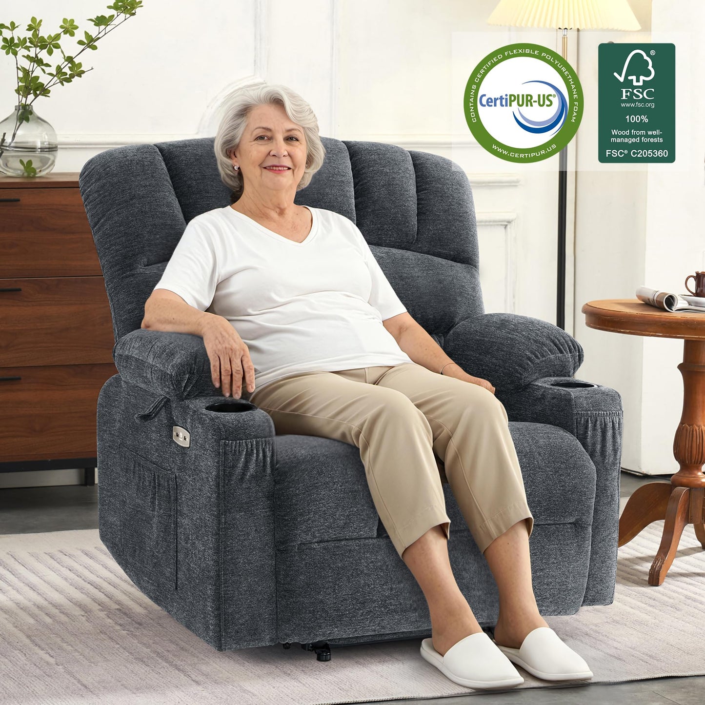 MCombo Power Lift Recliner Chair for Elderly, Lift Chair with Heat and Massage, 150° Max Recline, Extra Wide Lift Recliner for Big People, Fabric R7096 (Medium-Wide, Dark Grey)