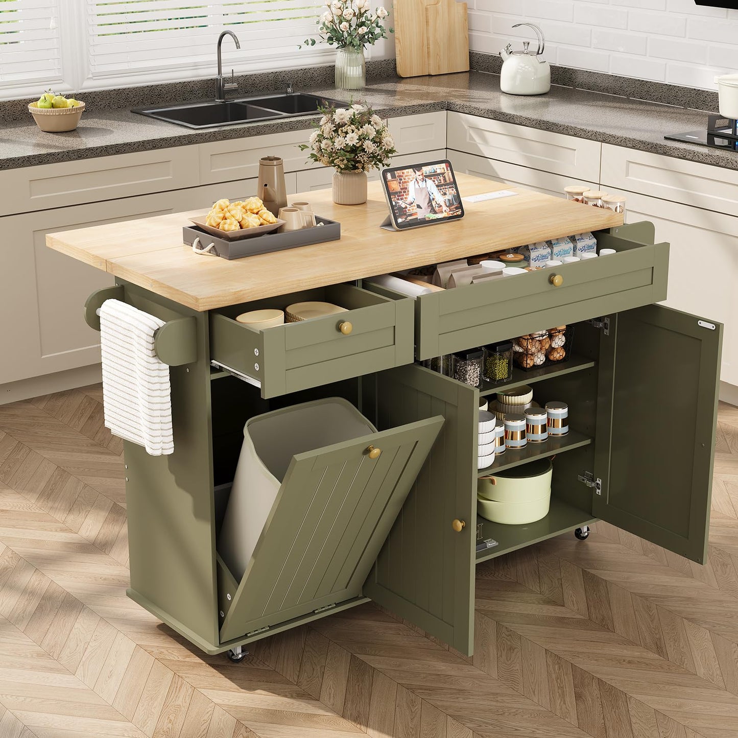 ComfyCorner 60" Rolling Large Kitchen Island on Wheels with Extendable Table, Drop Leaf & Power Outlet, Mobile Kitchen Cart with Storage Cabinet, 2 Drawers, Spice Rack, Towel & Knife Holder, Green