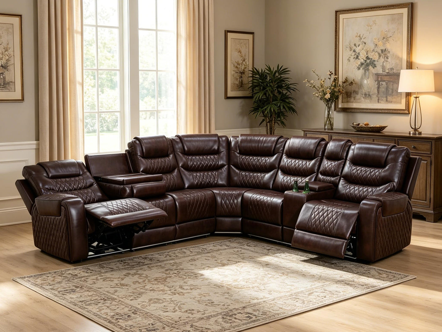 Trygoal Power Reclining Sectional Sofa Set, Modern L-Shaped Couch with Recliner, 4 Seat Power Reclining Sofa, Reclining Sectional Couches for Living Room, Home, Office, Leather, Dark Red