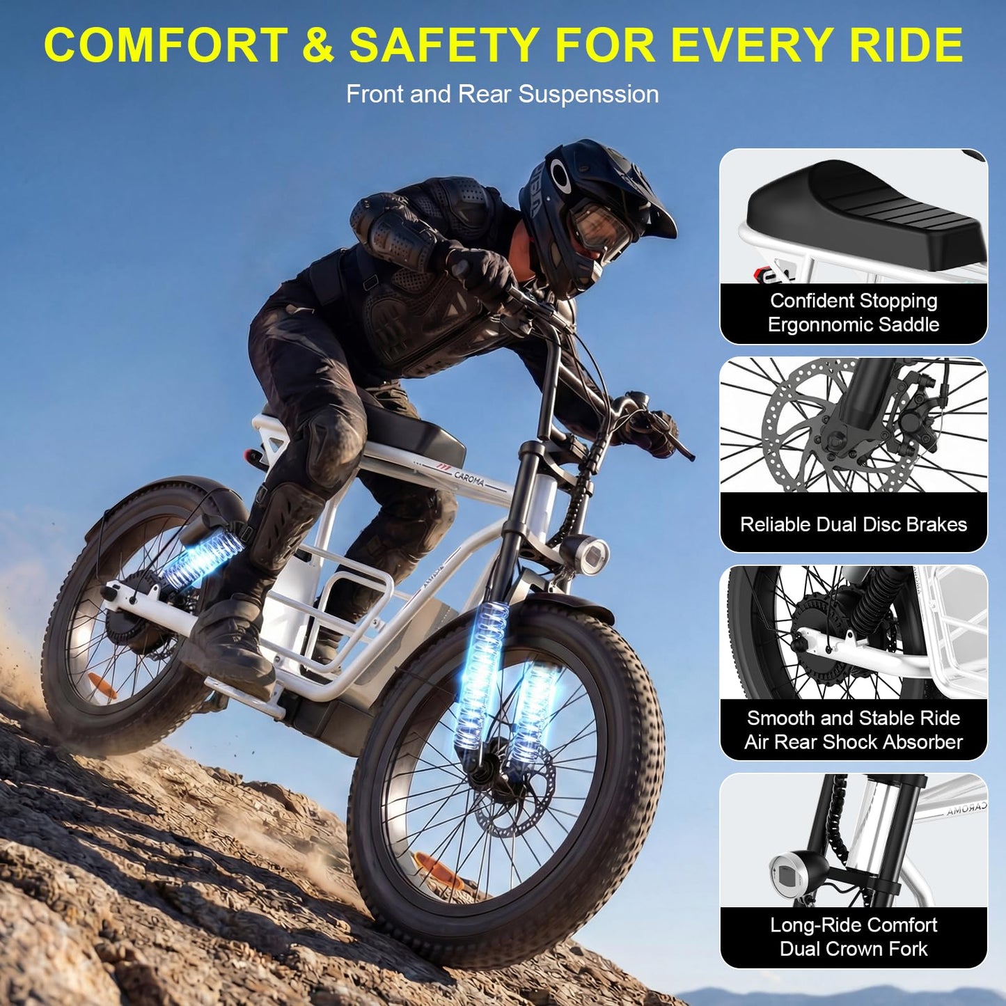 Caroma Electric Scooter with Seat for Adults, 1000W Peak Motor, 25Miles Range & 20Mph, Multiple Suspension, Electric Motorcycle Mini Bike with Basket for Pet s& Cargo, UL 2272 Certified