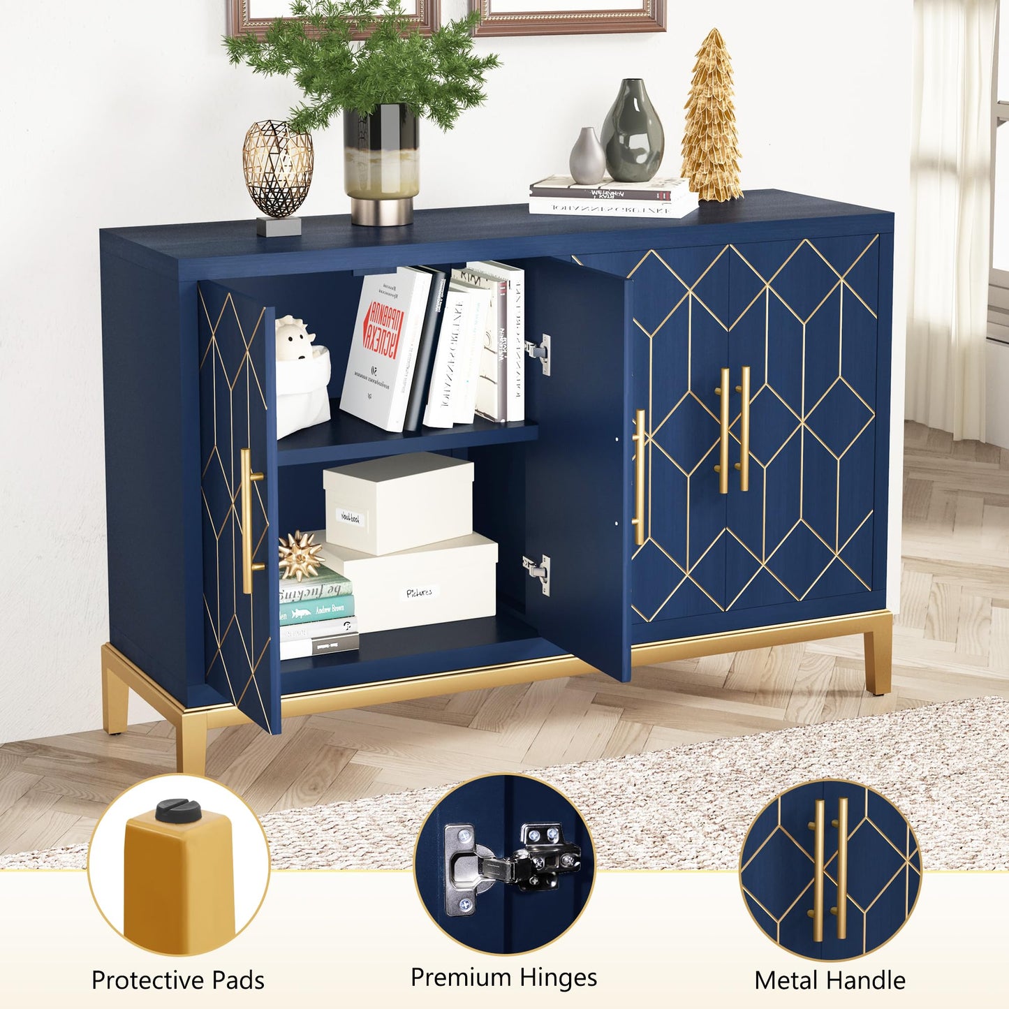 HLR 48" Accent Cabinet with 4 Doors and Shelves, Modern Credenza Storage Cabinet with Gold Trim, Sideboard Buffet for Living Room, Kitchen, Dining Room, Hallway, Blue