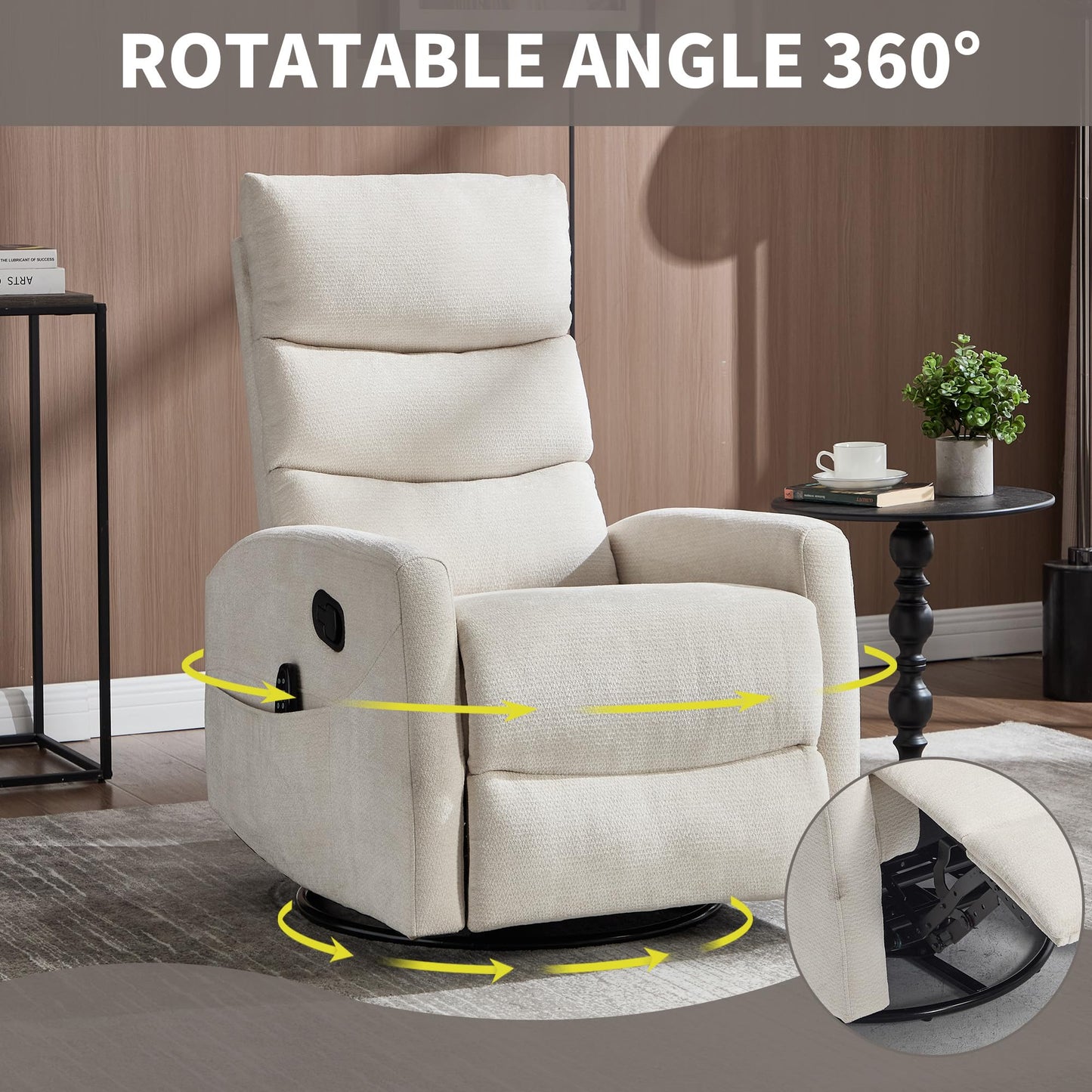 KEIKI Heat Massage Manual Recliner Chair, 360° Swivel Rocker with Lumbar Heat, Chenille Fabric Square Arms, Ergonomic Cushion Back Design, Gentle Rocking Motion for Adult Living Space, Beige