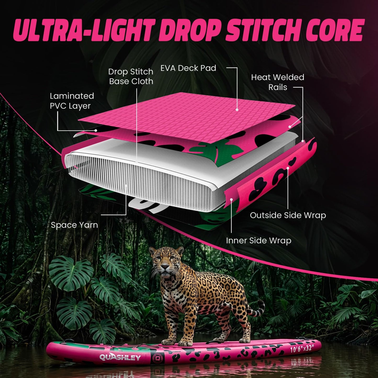 Quashley Inflatable Stand Up Paddle Board with Premium SUP Accessories,Stable Wide Design with Non-Slip EVA Deck for All Skill Levels,Ultra Stable All Around Paddleboard Leopard