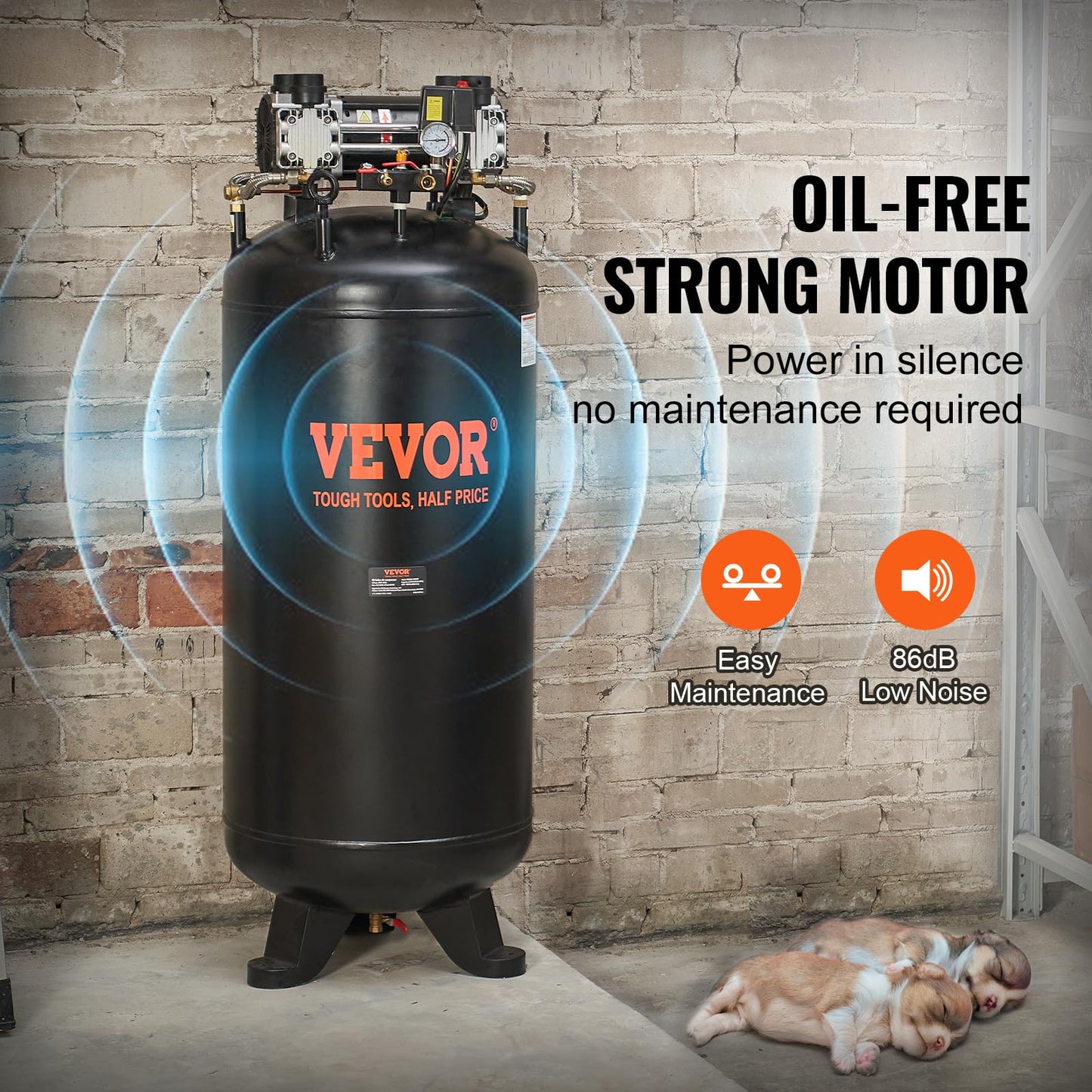 VEVOR 80 Gallons Air Compressor, 6.5HP 15.5SCFM@90 PSI Oil-Free Air Compressor Tank with 145PSI Max Pressure, 86dB Quiet Air Tank for Industrial Manufacturing, Air Brushing, Spraying (3-Phase Power)