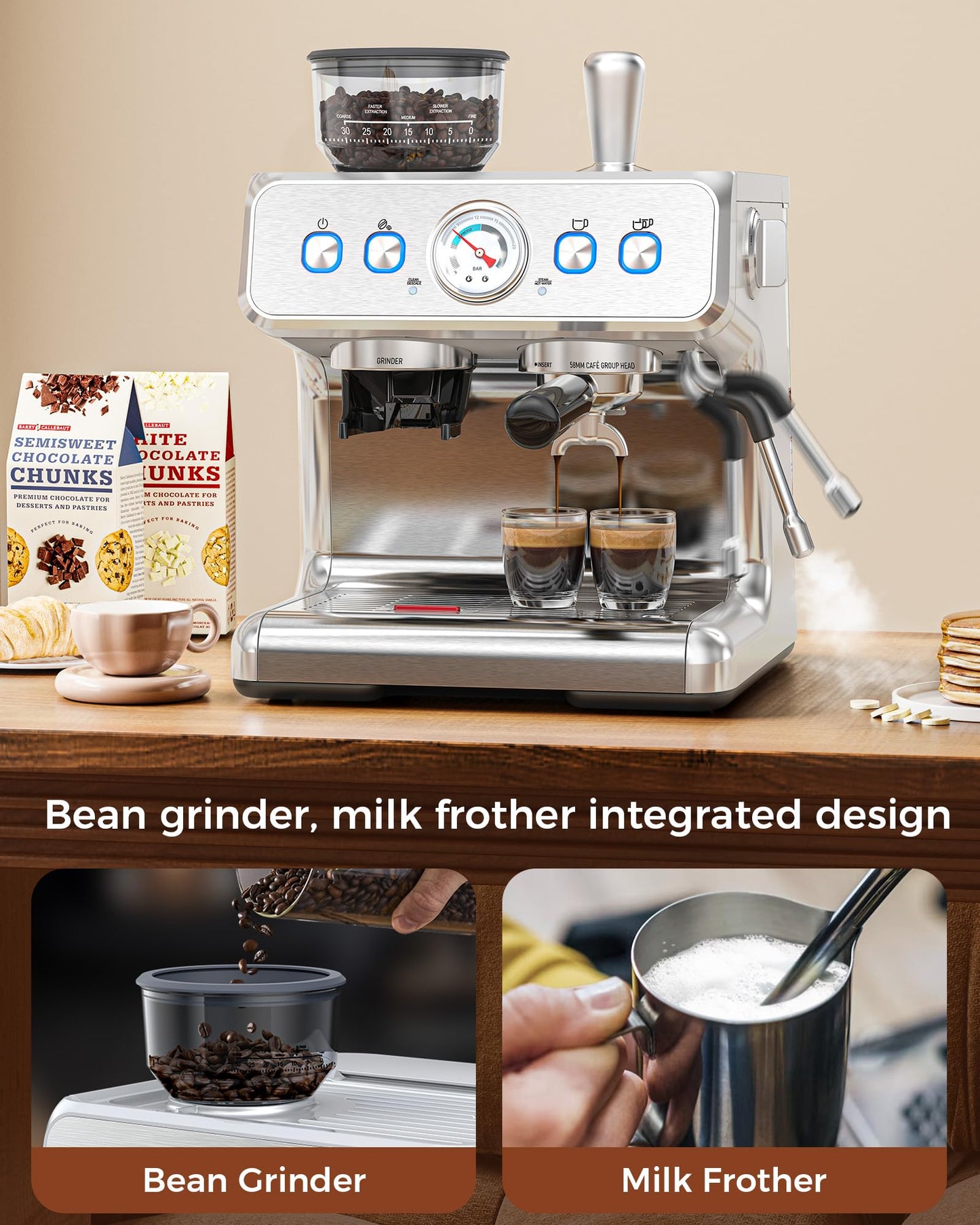 COWSAR 20 Bar Espresso Machine with Grinder & Milk Frother Steam Wand, 58mm Expresso Coffee machines, Commercial Stainless Steel Coffee Maker for Cappuccino and Latte, Perfect for Home Café-Stainless