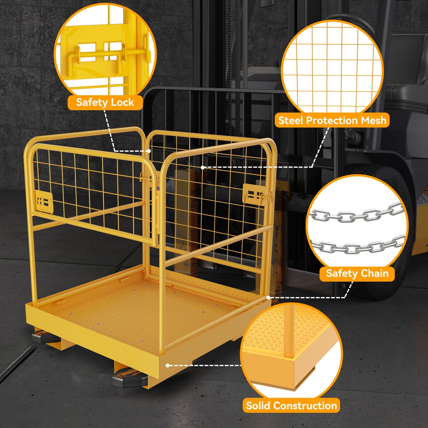YINTATECH Forklift Cage 36x36 inches Work Platform Safety Cage Collapsible Heavy Duty Steel Construction Lift Basket Aerial Rails 1150lbs Capacity