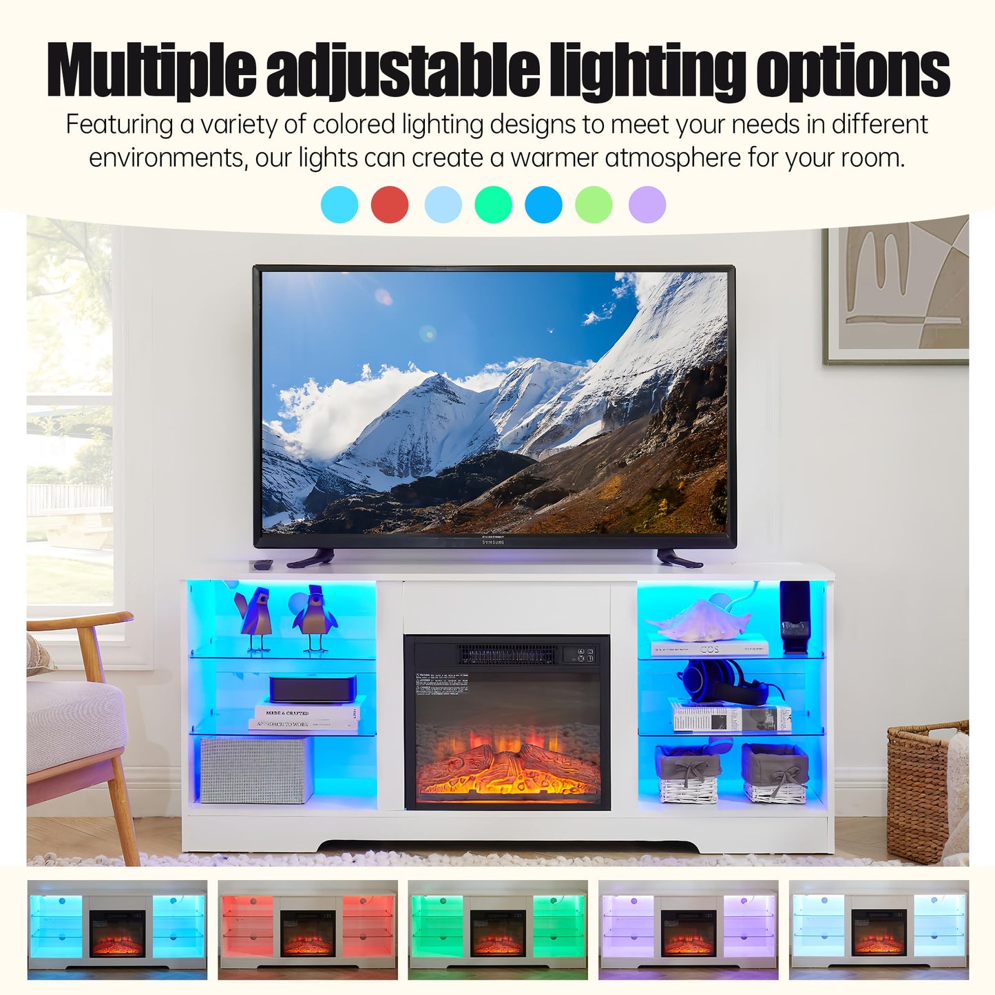 Ball & Cast Fireplace TV Stand with Led and Power Outlets, Entertainment Center with Electric Fireplace for 32"/42"/50"/55"/62" TVs, Modern TV Media Console with Glass Storage Shelves,White