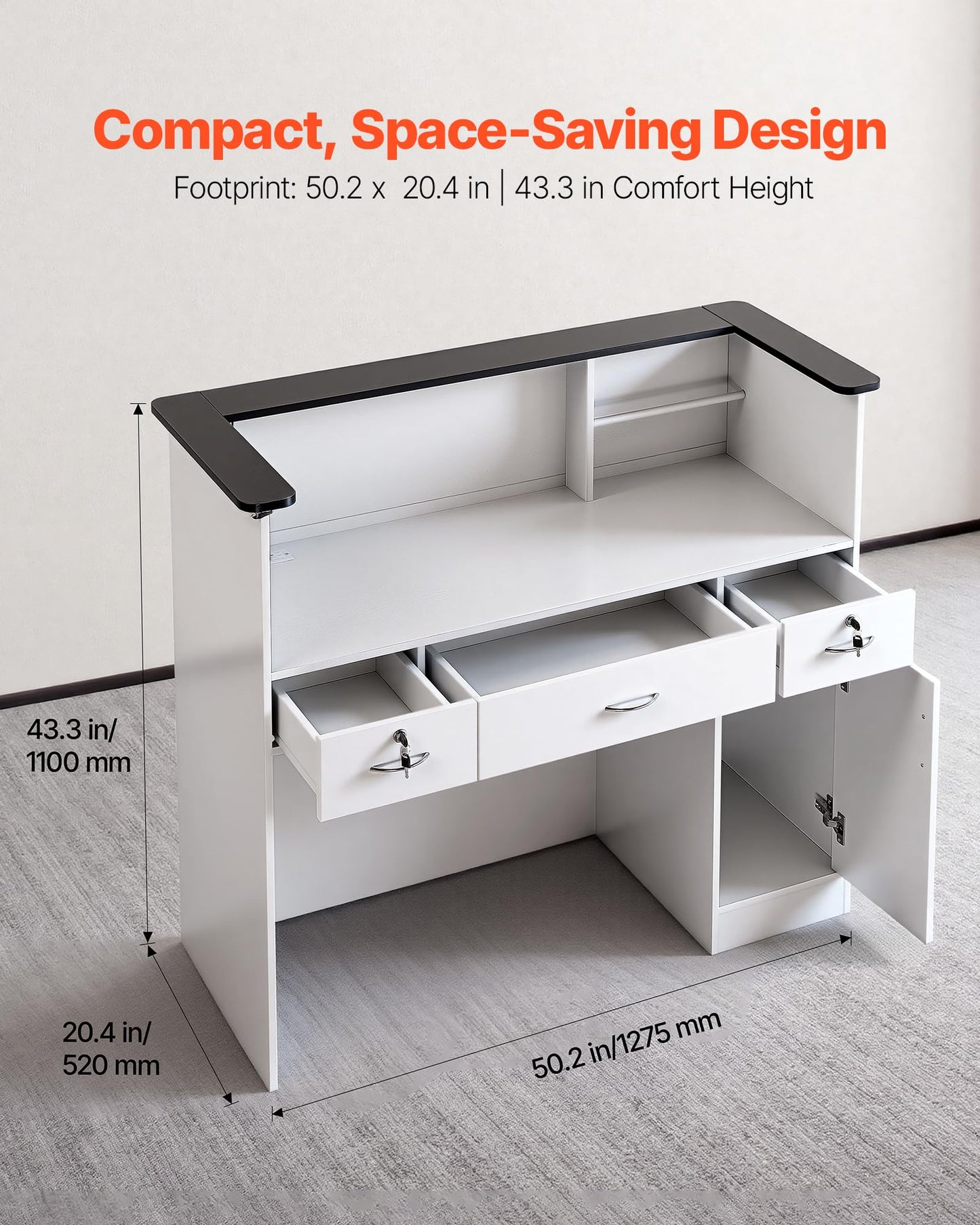 VEVOR Reception Desk, 50 inch Rectangular Front Counter Table, Modern Office Reception Desk with Light Strip, 3 Drawers & Storage Cabinets, Retail Counter Table for Checkout, Lobby, Salon, Office