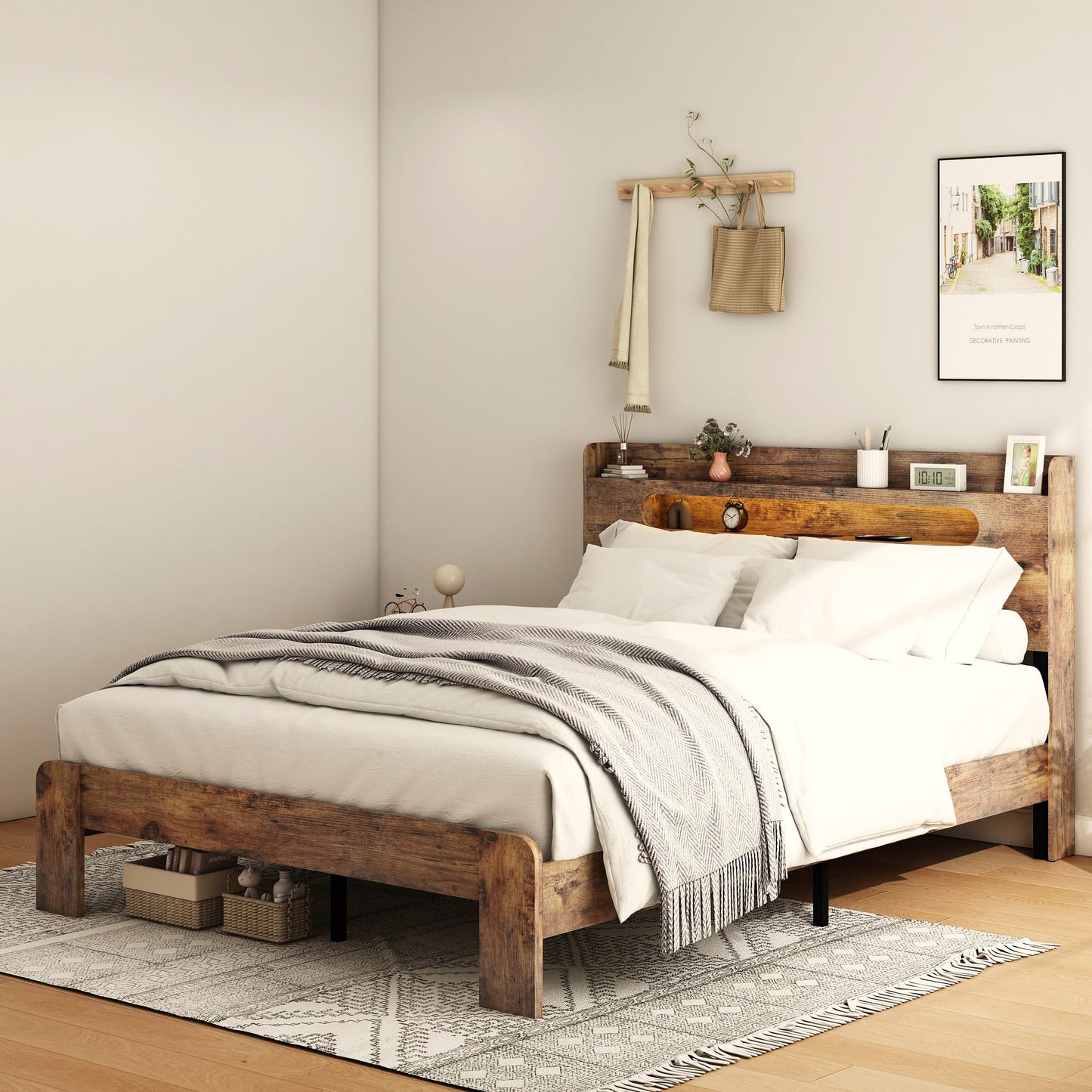 Ball & Cast King Size Bed Frame,Wood Platform Bed Frame King with Storage Headboard, LED Light & USB Port,Noise Free,No Box Spring Needed,Easy Assembly,Dark Brown