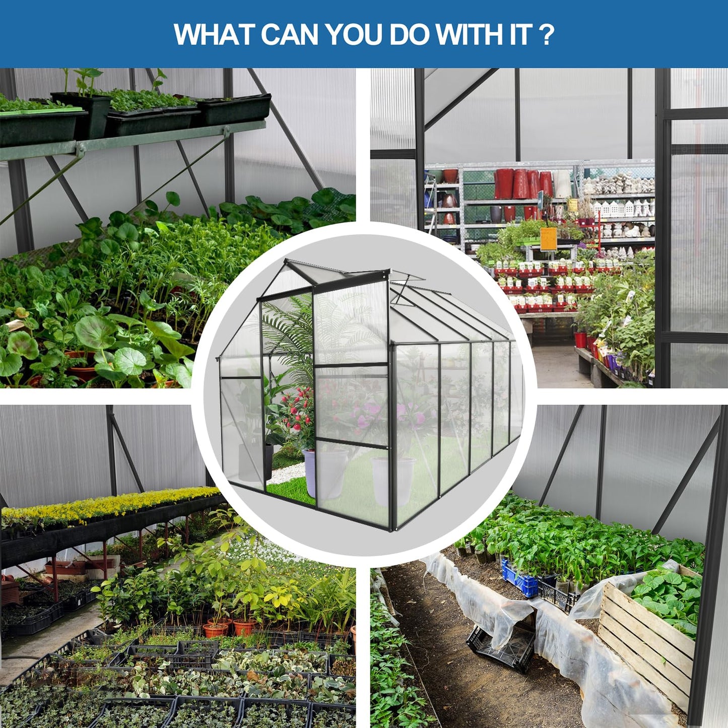 KEIKI 6x10 FT Polycarbonate Greenhouse with Aluminum Frame,Raised Base and Roof Vent,Walk-in Greenhouses for Patio Garden