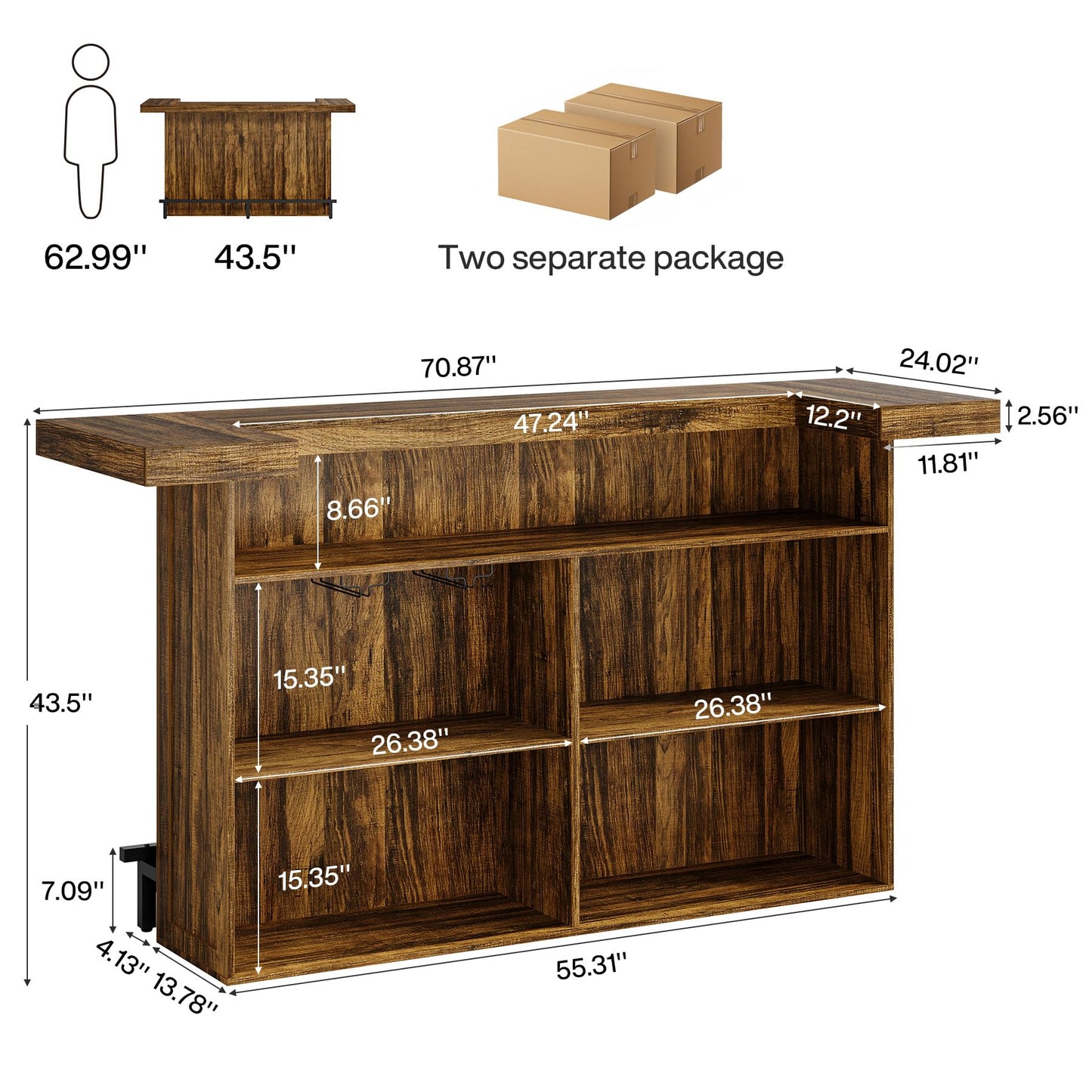 Tribesigns 4-Tier Bar Table, 70.9-Inch Large Wood Home Bar Unit with Wine Glass Holder and Black Footrest, Pub Table with Storage Shelves for Kitchen, Indoor, Brown