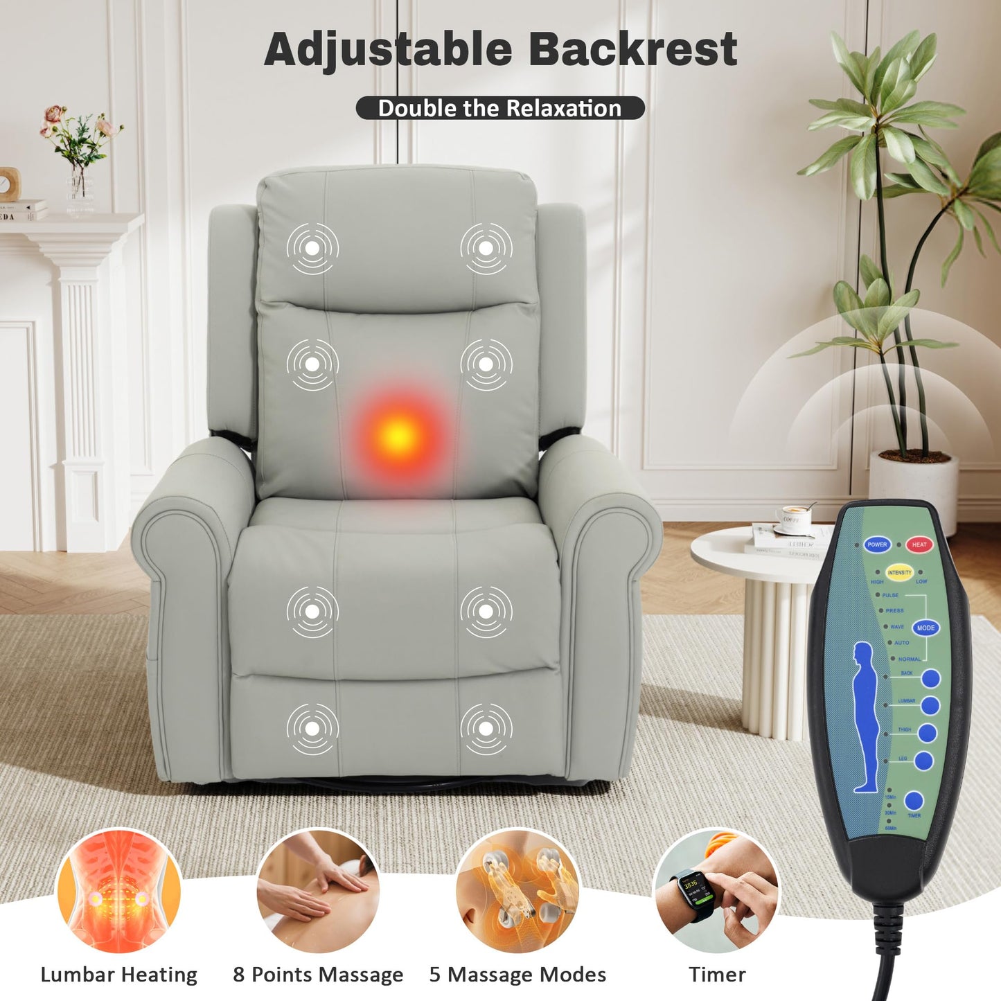 Merax 270°Swivel Rocker Recliner Chair, PU Leather Manual Recliner with Massage and Heating, Dual Reclining Positions and Side Pocket and for Living Room, Bedroom, or Nursery, Grey