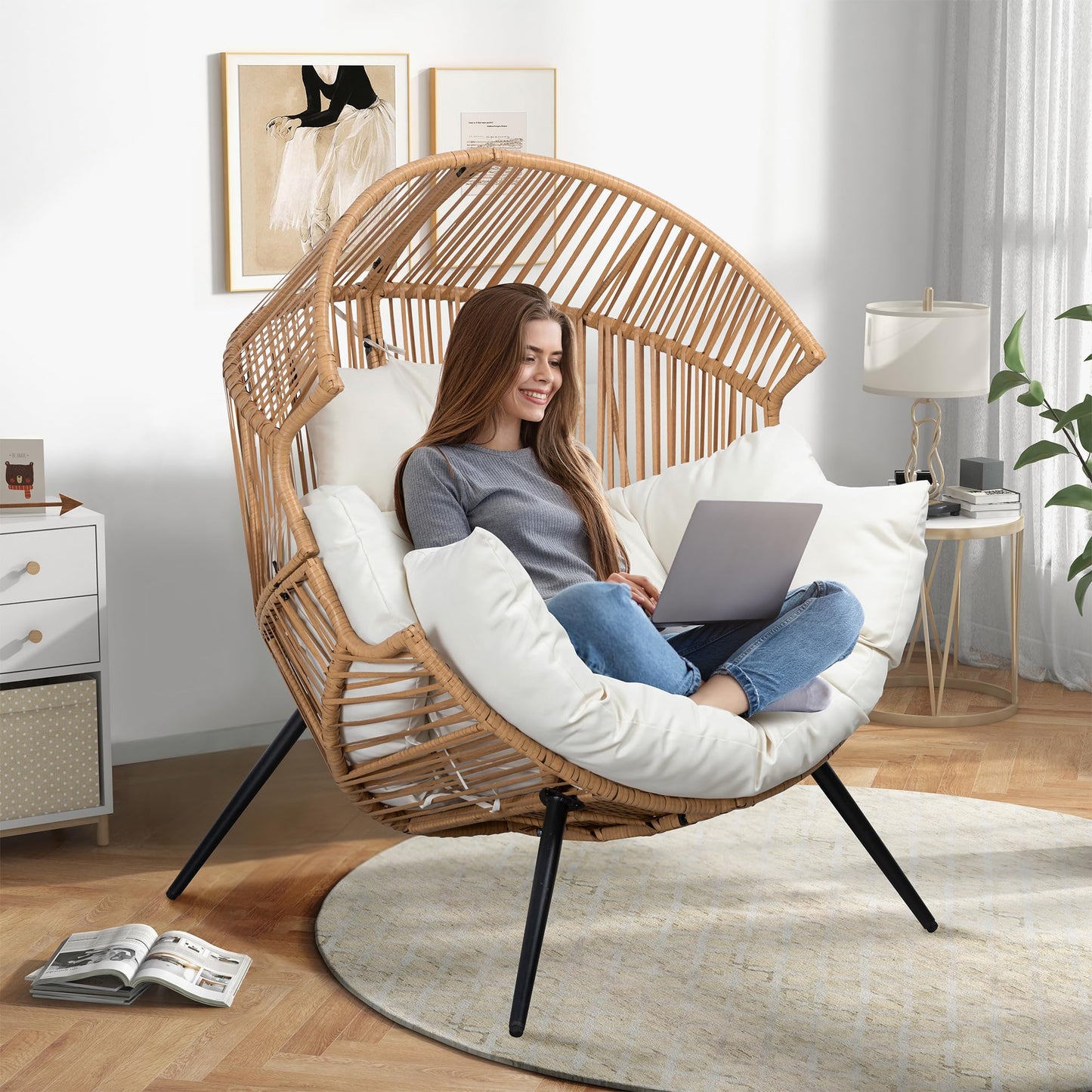 Shintenchi Wicker Egg Chair Outdoor Rattan Patio Chair with Cushion,Oversized Patio Lounge Chairs with Cushion Egg Basket Chair, Egg Seat for Indoor Living Room Bedroom Outside Patio Backyard Balcony