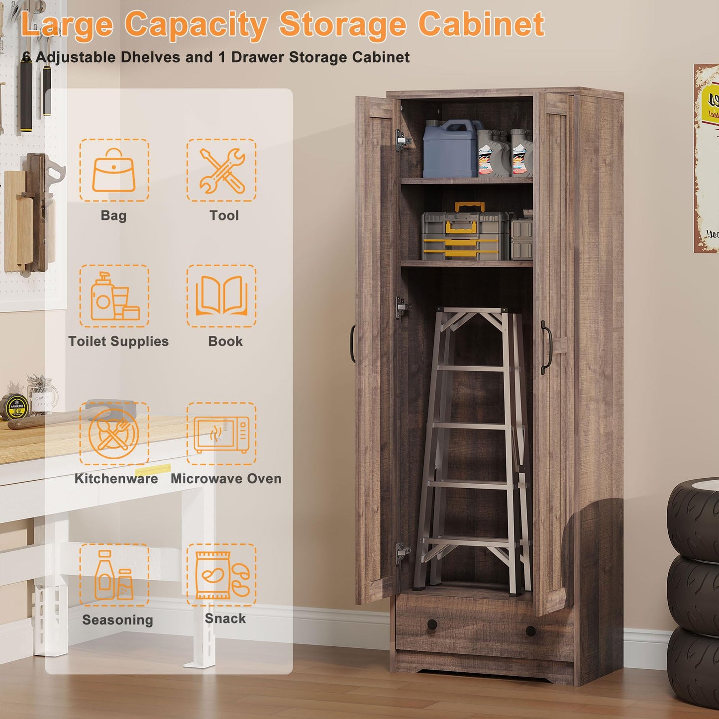 Decofy 70" Tall Storage Cabinets, Large Wood Storage Pantry Cabinet with 6 Adjustable Shelves, 2 Striped Doors & Drawer, Standing Utility Cabinet for Kitchen, Bathroom, Dining Room, Antique (Brown)