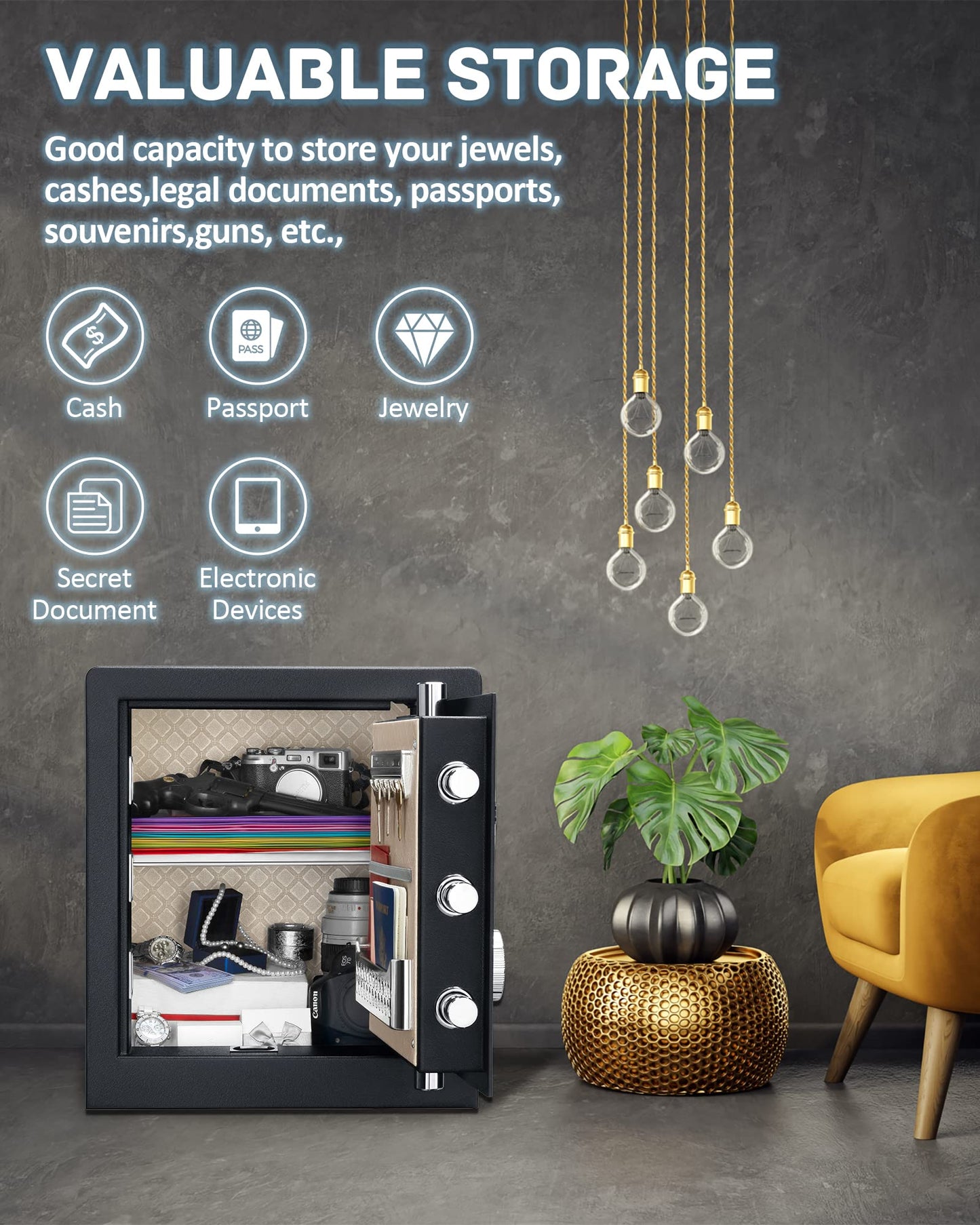 JINXNOBI 2.2 cubic feet Safe Box with fire and waterproof bag,Security home safe cabinet,Digital lock box with Keypad for home,office and hotel to secure documents,pistols