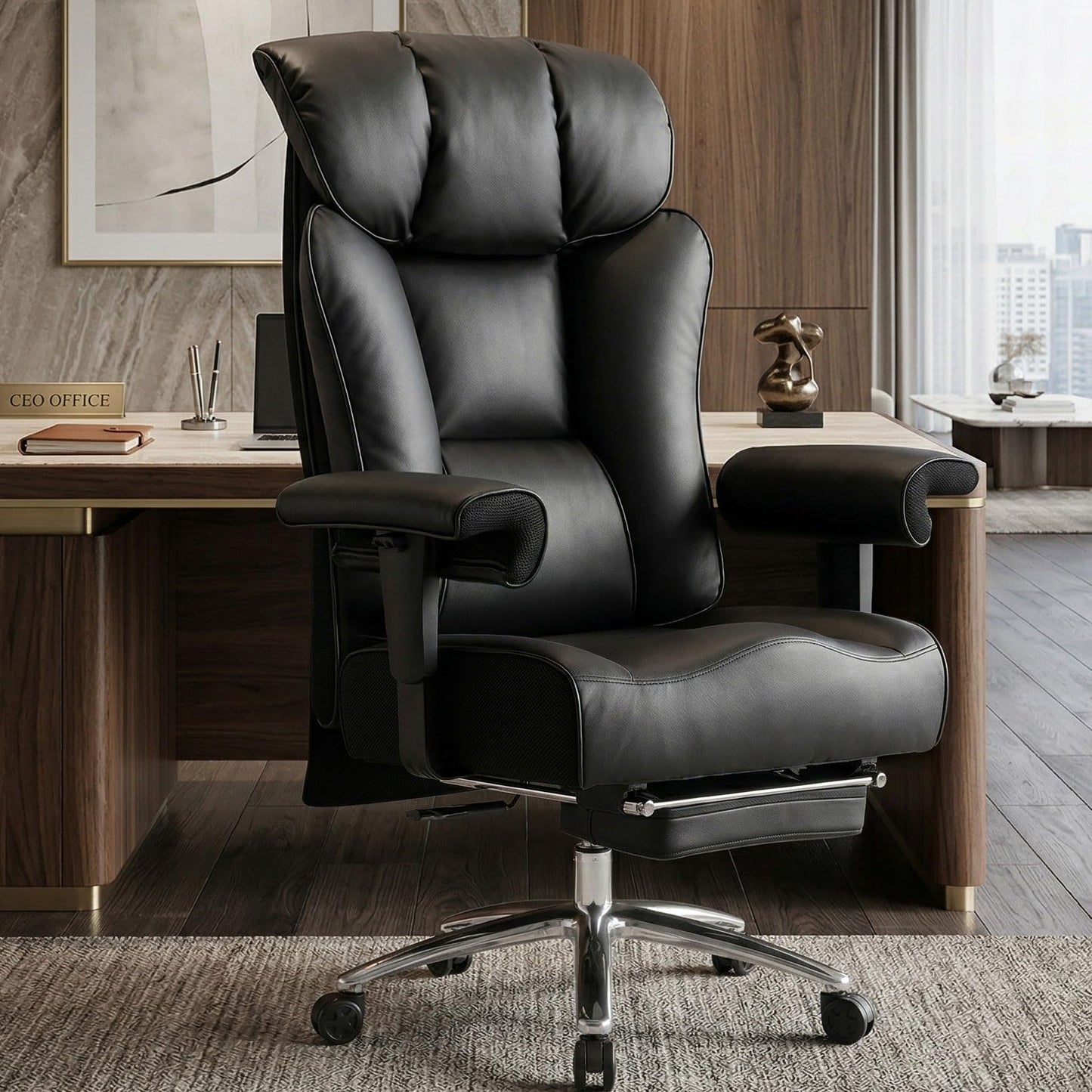 Efomao Big and Tall Office Chair 450lbs, 5.9" Thick Pocket Spring Executive Office Chair with Footrest, High Back PU Leather Desk Chair, Wide Seat Computer Chair, Black