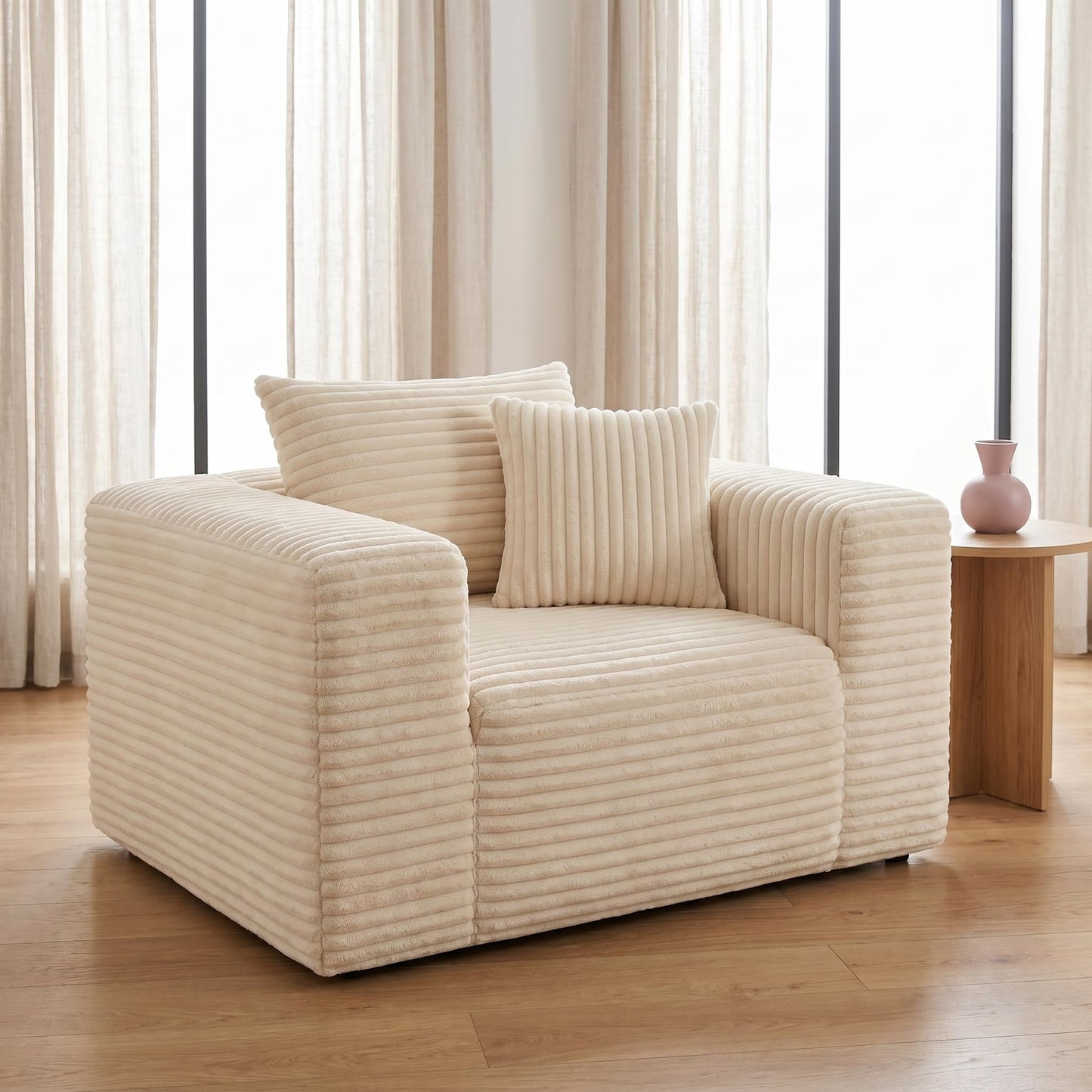 Trygoal Boneless Single Sofa Chair for Adult, Corduroy Cloud Lounge Chair with 2 Pillows & Wide Armrests, High-Density Foam Reading Couches for Living Room & Office, No Assembly Required, Beige