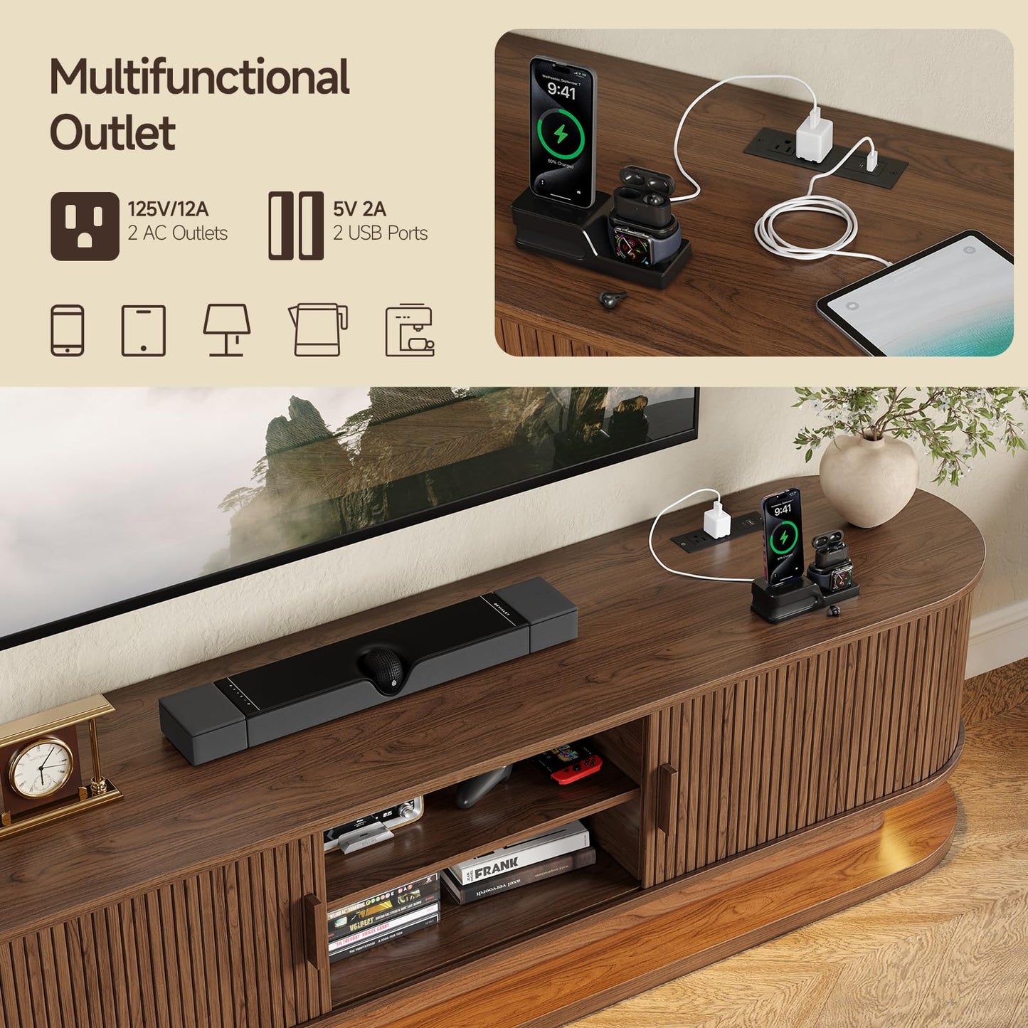 ONBRILL 70" TV Stand up to 80 Inch, Entertainment Center with LED Lights and Storage, Mid Century Modern Fluted TV Console with Power Outlet, Media Console for Living Room Bedroom (Walnut)
